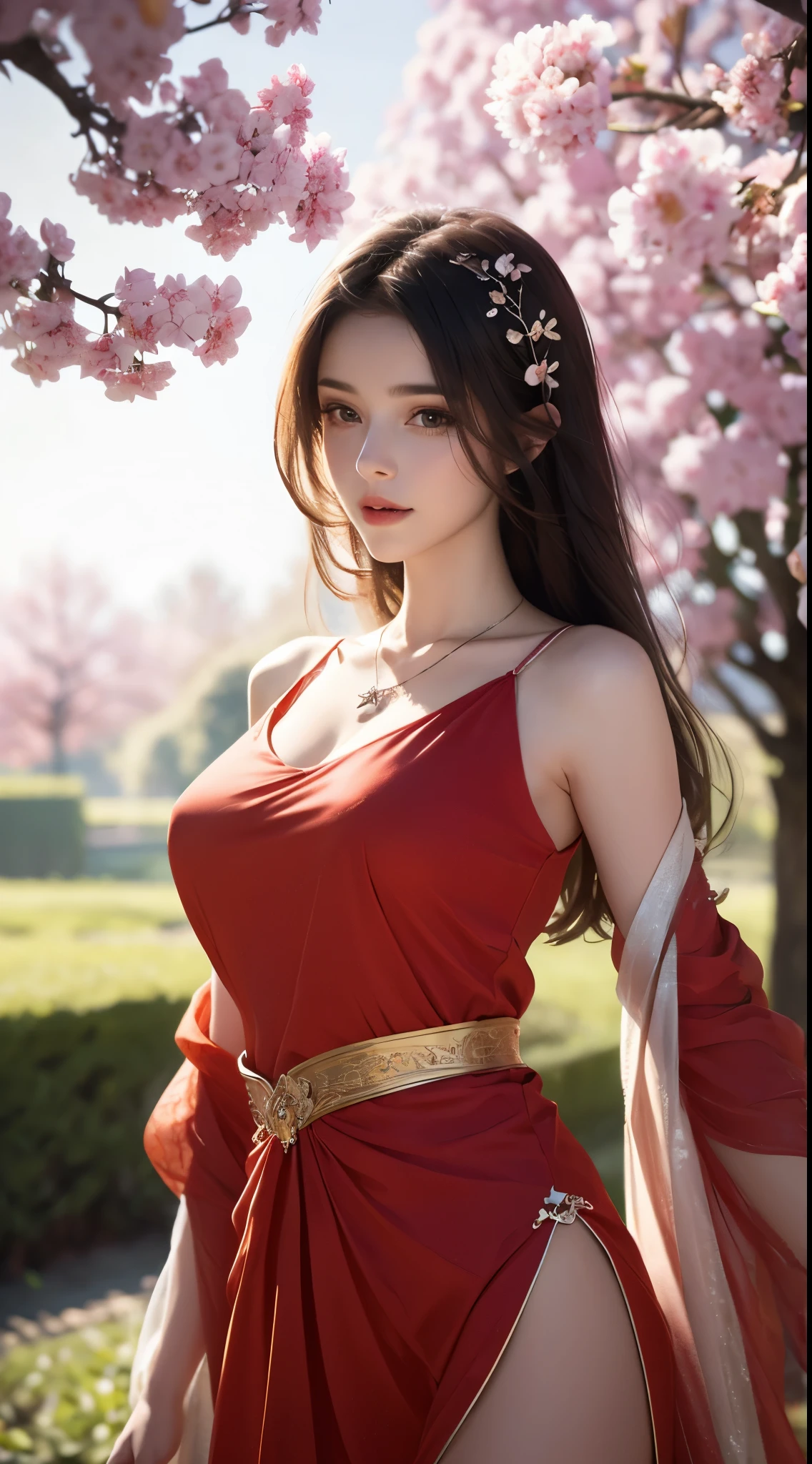 Beautiful  young girl looking at viewer wearing red top dress, in garden, realistic graphics, wearing a beautiful necklace, wavering at viewer, nice figure, beautiful organic photography  ,graphic focus on girl at the center of graphics photoshot ,red colors dress ,wavering at viewer, full-body photoshot rendering graphics,complete body collection, sakura blossoms, sitting under a tree ,beautiful legs and waist 