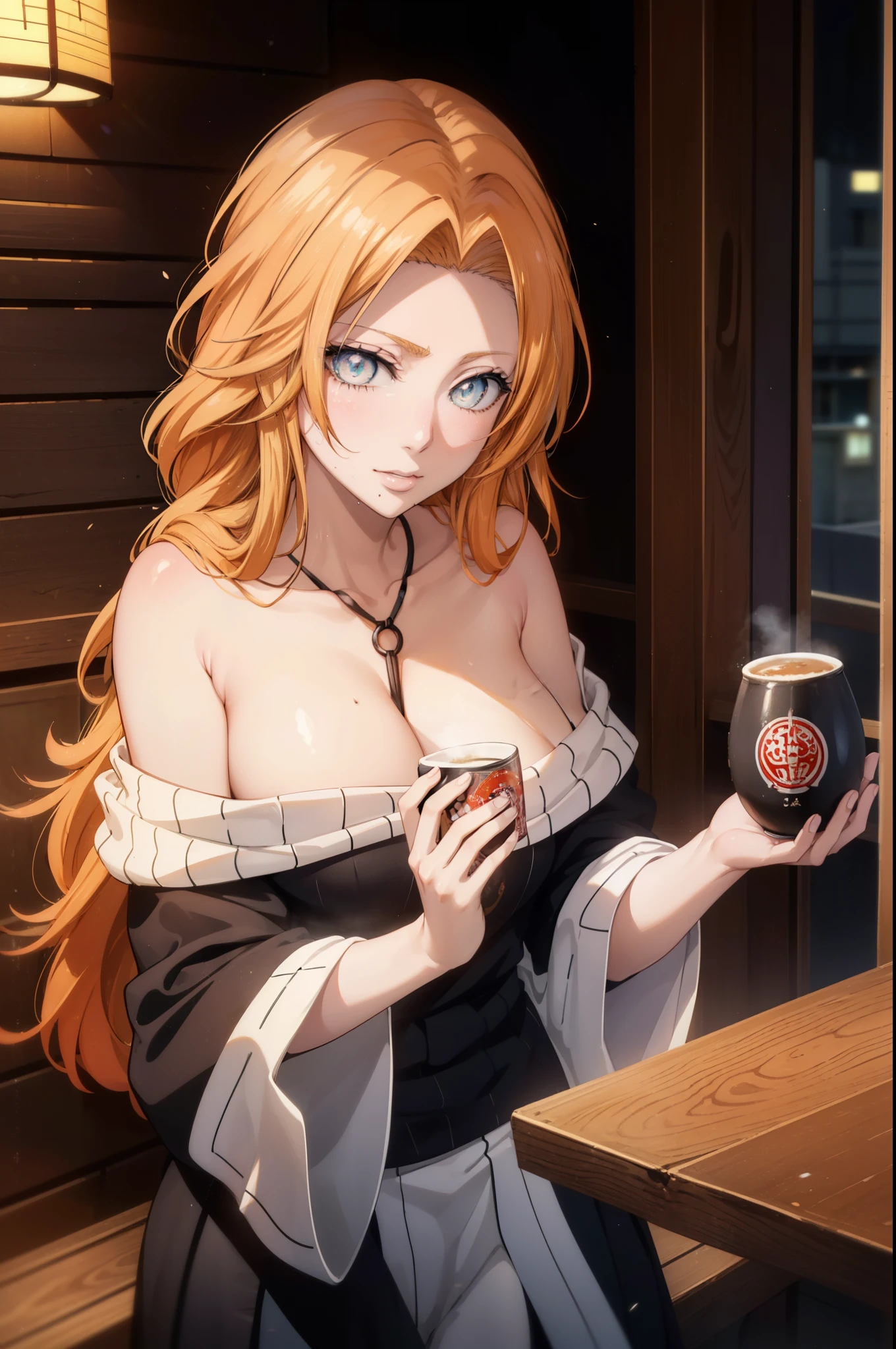 rangikumatsumoto, rangiku matsumoto, long hair, Red-orange hair, mole, mole under mouth, gray eyes,smile,happy atmosphere,mouth open,parted bangs, smile,white off shoulder sweater bare neck,bare clavicle,bare shoulders,black long skirt,There are beer mugs and food on the table.,drinking party,I'm drunk,
break indoors, Izakaya,
break looking at viewer, (cowboy shot:1.5),
break (masterpiece:1.2), highest quality, High resolution, unity 8k wallpaper, (figure:0.8), (detailed and beautiful eyes:1.6), highly detailed face, perfect lighting, Very detailed CG, (perfect hands, perfect anatomy),