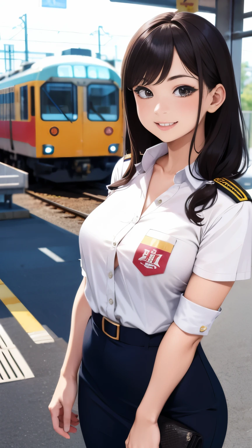 A railway station with a beautiful girl busty gravure idol wearing the uniform of a railway company who became a station manager for a day