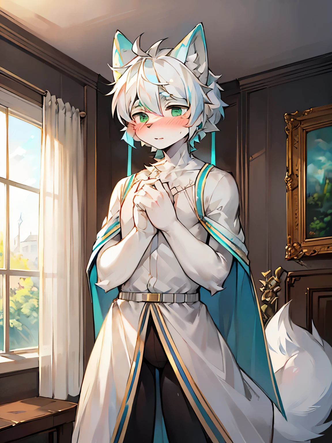 male gray wolf，(hairy all over, furry tail, white fur, blue-green eyes, big ears，light white hair，cyan hair tail), (large canine、tights），Handsome，Lovely，young，Tall height，The picture is very delicate，Highest quality，Delicate painting style，exquisite lines，Delicate skin，blush，Slim stature，Gym