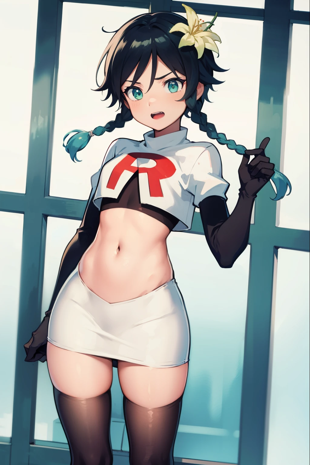 absurdres,venti,1boy, male focus, trap,black hair, green-blue hair, hair braid,hair flower,aqua green eyes,crossdressing,1boy,team rocket,team rocket uniform,white skirt,red letter R,crop top,black thigh-highs,black elbow gloves, evil laugh, blush