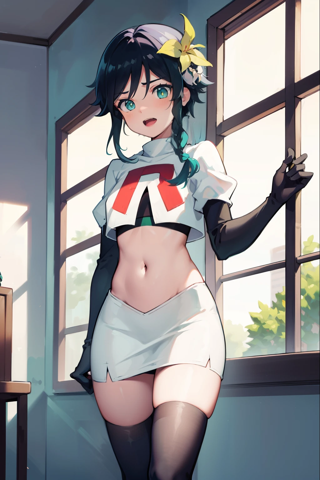 absurdres,venti,1boy, male focus, trap,black hair, green-blue hair, hair braid,hair flower,aqua green eyes,crossdressing,1boy,team rocket,team rocket uniform,white skirt,red letter R,crop top,black thigh-highs,black elbow gloves, evil laugh, blush