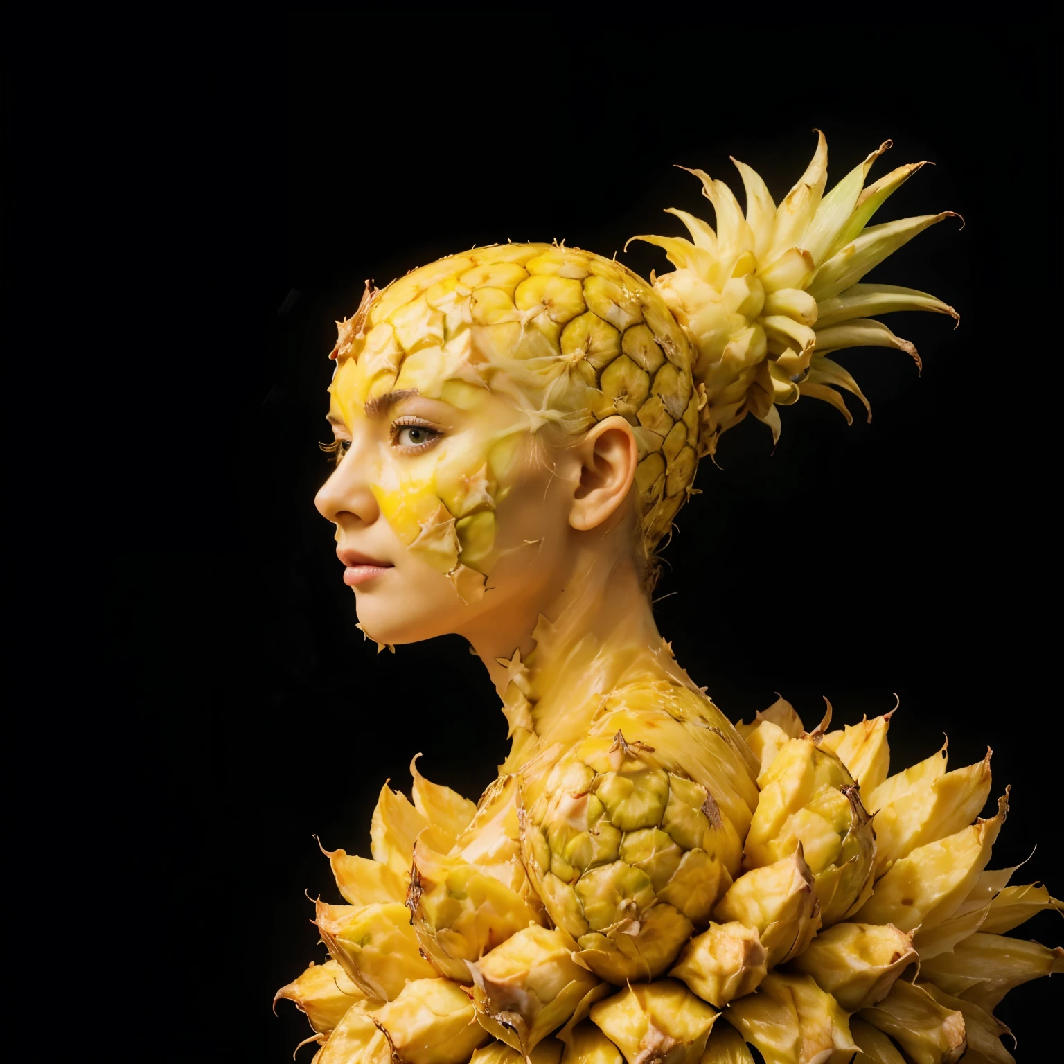 Photo realistic masterpiece detailed girl peeled pineapple hybrid pineapple skin and yellow eyes surreal mixed pineapple juice