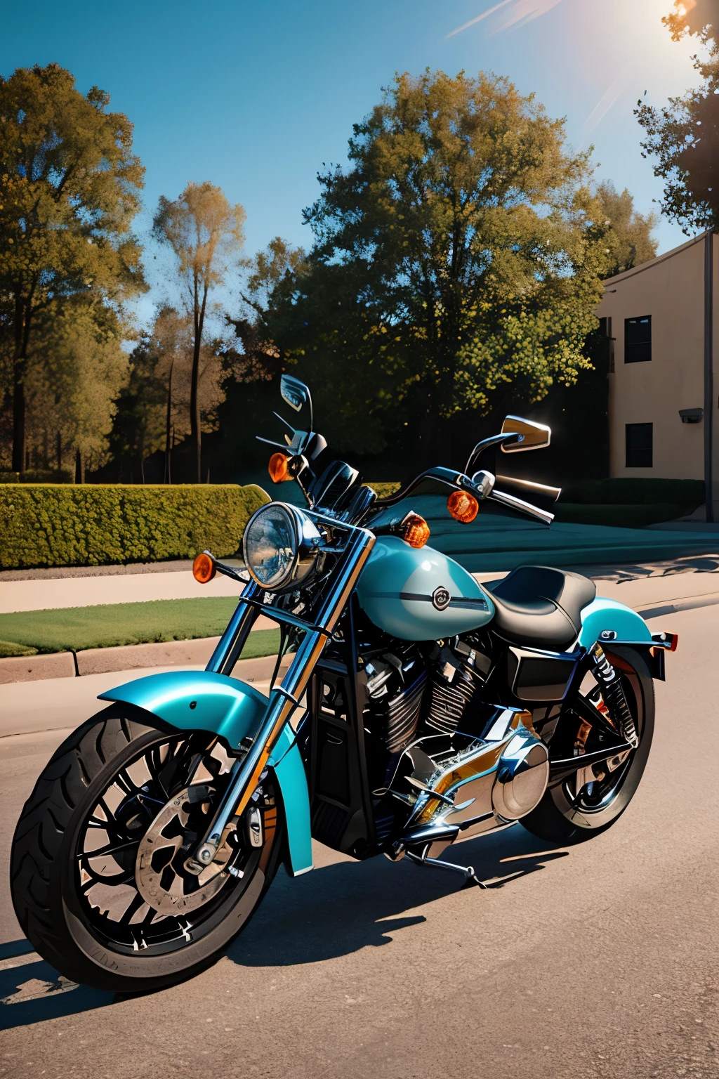 Stunning Harley-Davidson motorcycle scene, masterpiece photography, Harley-Davidson bike in full glory, exquisite motorcycle detailing, sleek black body, shiny chrome accents, engine roaring, Harley-Davidson logo gleaming, leather jacket and bandana on the seat,sun setting in the background, Harley-Davidson rider standing next to it, badass biker vibe, Harley-Davidson handlebars gleaming under the sun, Harley-Davidson tires spinning on asphalt.
Harley-Davidson motorcycle in black and chrome, gleaming motorbike, Harley-Davidson logo on the tank, powerful engine,