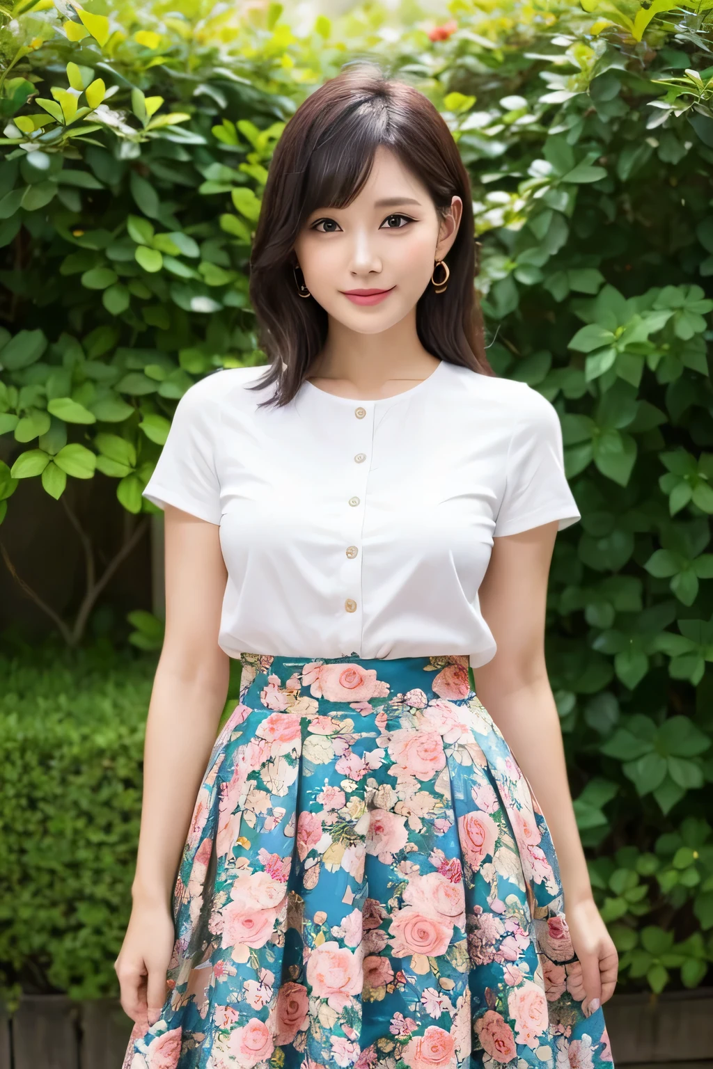 miss,30 years old,full,floral skirt,Upper body