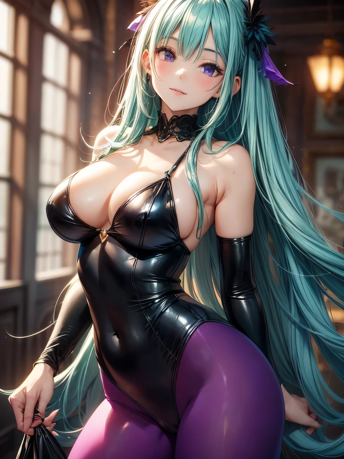 highest quality、complete limbs、Refers to the whole、1 beautiful woman、beautiful big breasted woman:1.3、morrigan、((vampire))、((green haired woman))、long hair woman、straight hair、(black leotard)、(((purple leggings)))、feathers are growing、big smile、sexy pose
