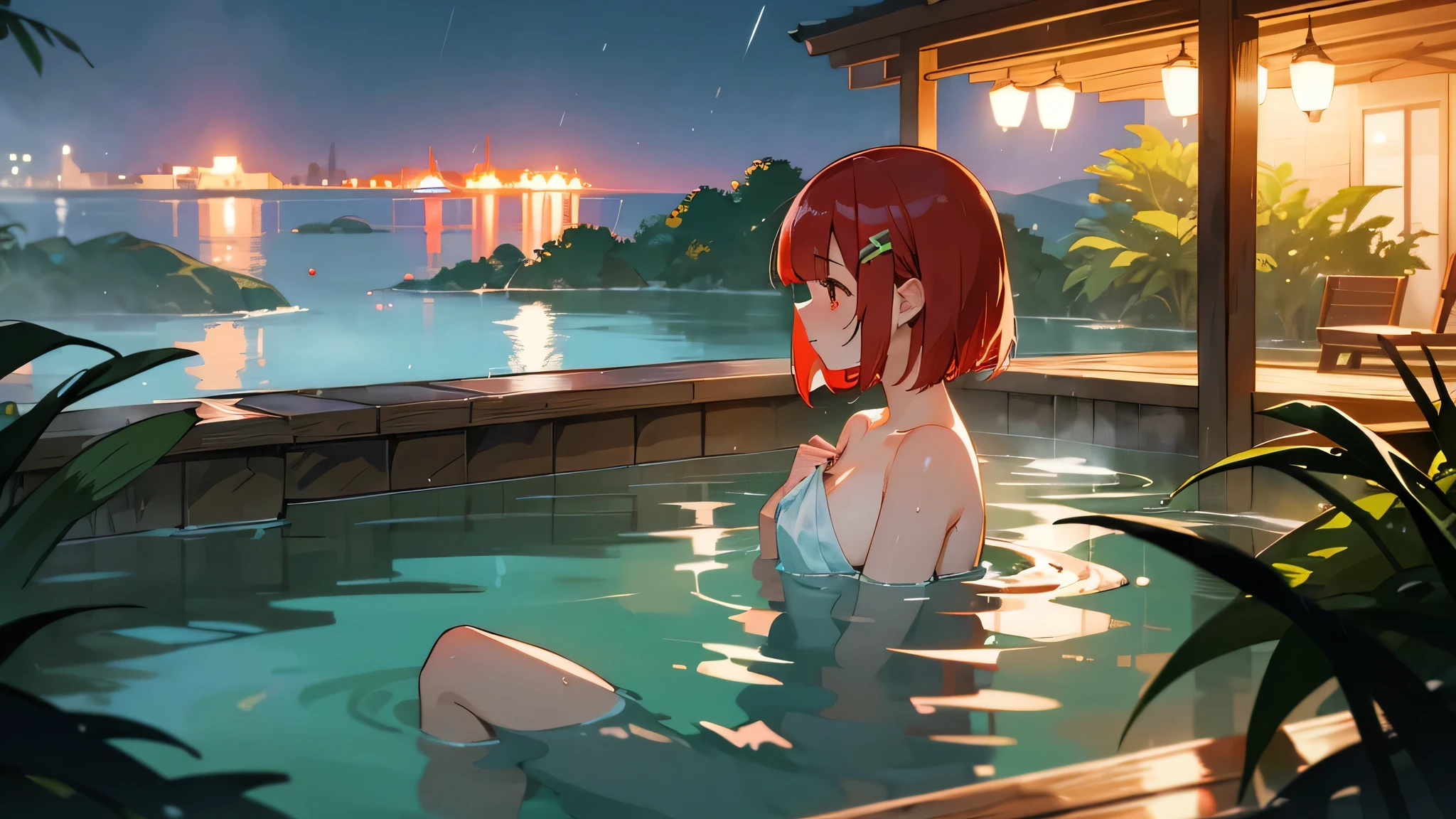 wide hot spring、Large open-air bath,　rain、night、 1 Cute Girl、profile、redhead、red eyes、bob、bangs, cute hair ornament, I don&#39;t have any clothes、wrap a towel、4k、highest quality、anime style、masterpiece、((beautiful girl)) 4k 8K:: realistic, lonely, lonely, spectacular scenery, green overall, praise