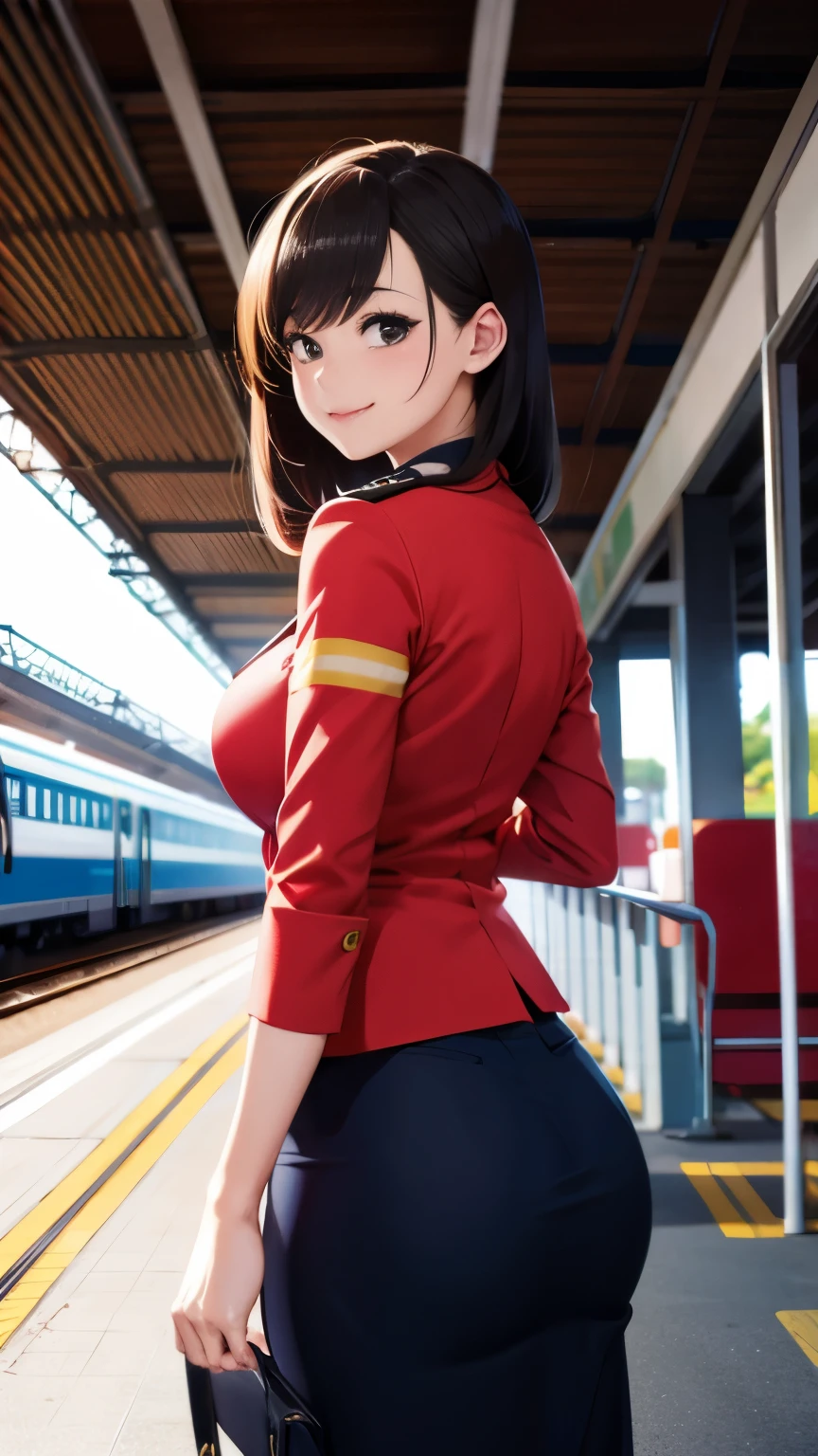 A train station with a beautiful girl busty gravure idol wearing the uniform of a railway company who became a station manager for a day