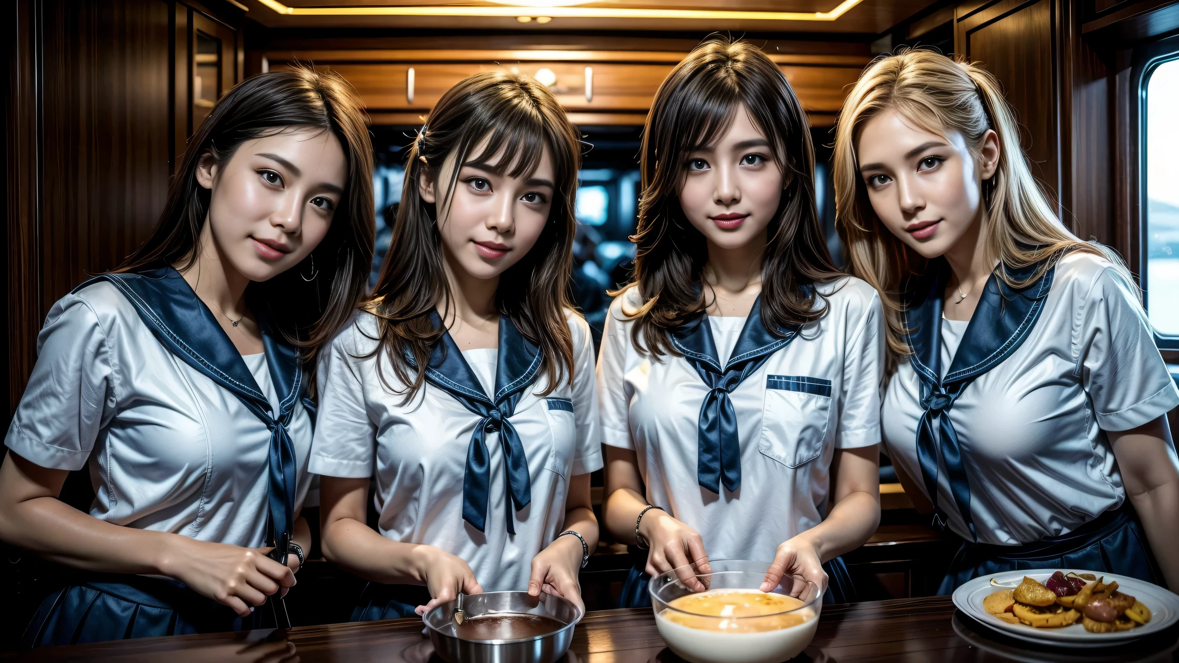 ((On a luxury cruise ship, 5 delicate cute teenage girls, ************, cute faces:1.5, triangular face, high school students, Cooking in the yacht, looking at viewer, embarrassed:1.6, delightful smile:1.4, wearing sailor uniform, see through:0.9)), shy smile, open mouth, silky skins, natural makeup, glossy lips, group shot, ((slender body, attractive feminine body)), (gentle lighting, 16k, high resolution, raw photo), BIBE