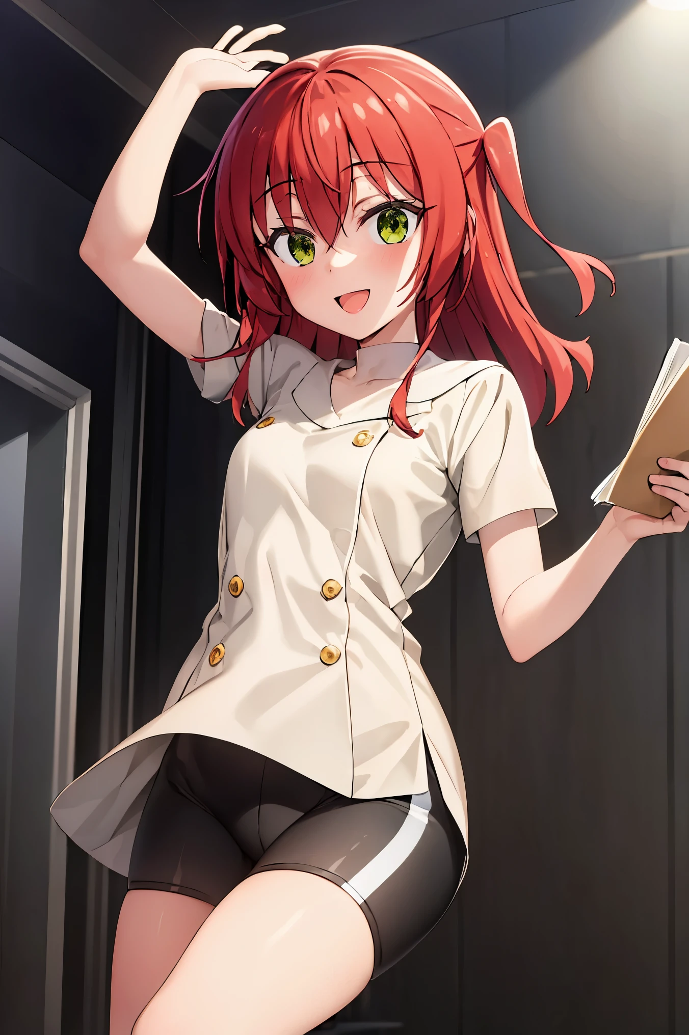 1 girl, 最OK质量, ultra high resolution, long hair, Red hair, green eyes, looking at the audience, small breasts, Permanently installed, leave, slim Body, Body, , Smile, open mouth, OK, white OK, bike shorts, bedroom, sheet, white sheet,