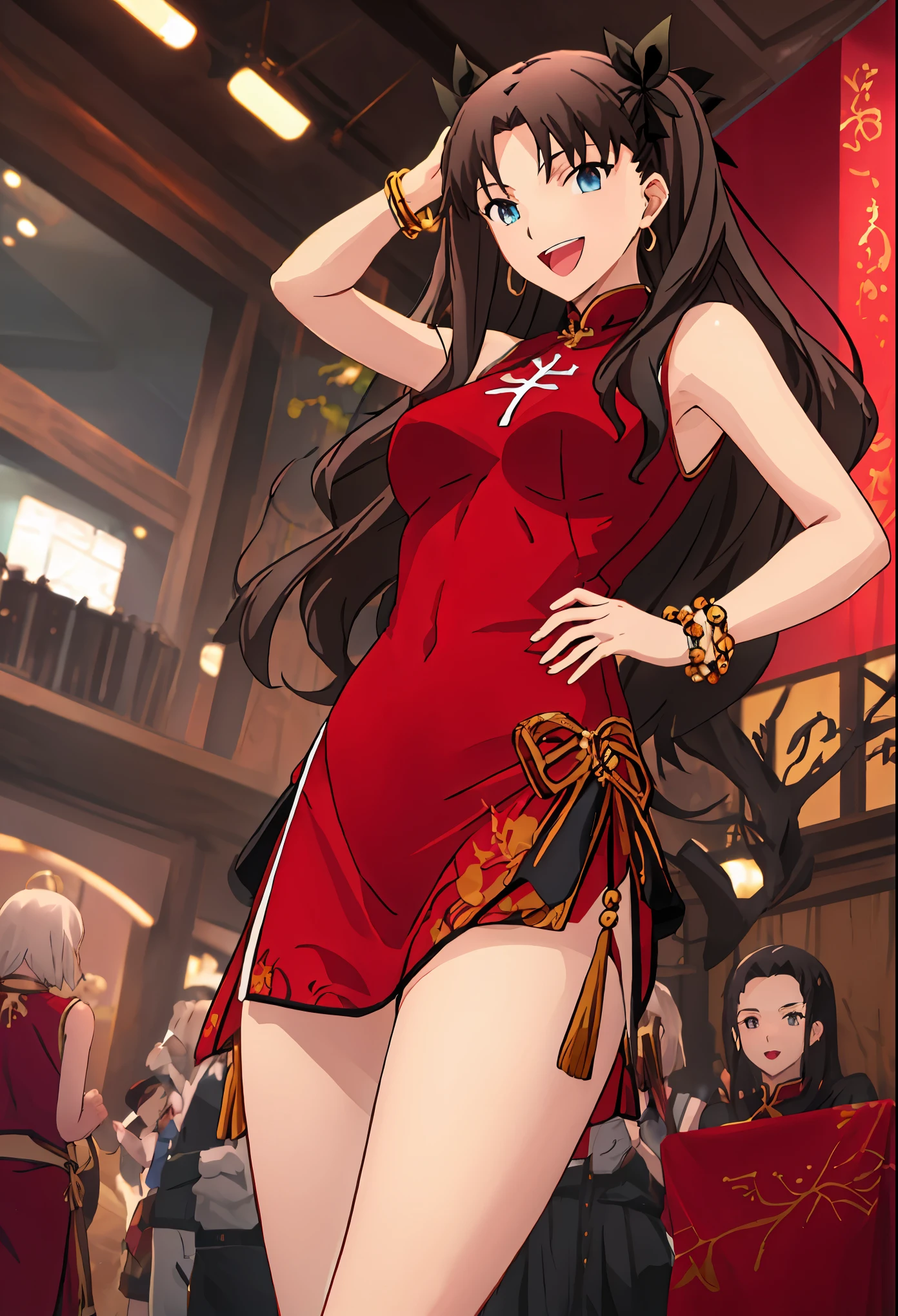 best quality, masterpiece, high resolution, alone, {Tohsaka_return_fexistestaynightufotable:0.90}, only_Shoulder, bead_bracelet, beads, China_skirt, Chinese_clothing, skirt, jewelry, watching_exist_audience, sleeveless, sleeveless_skirt, bracelet, Smile, Moderate_breast, thigh, cowboy_shooting, :d, Open_Mouth