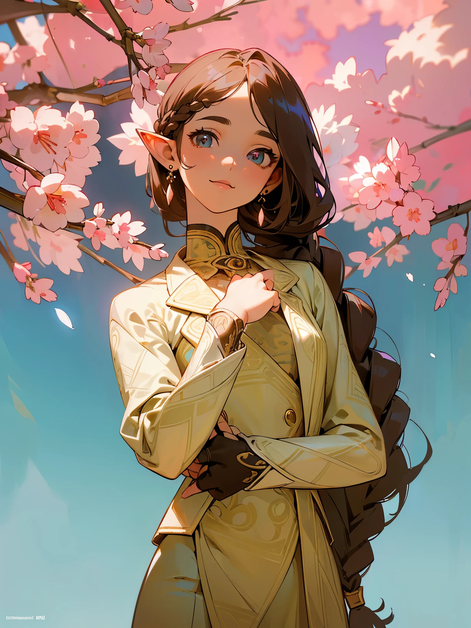 (masterpiece), perfect anatomy, complex, (highly detailed), masterpiece, photorealistic, perfect anatomy, cinematic lighting, shading, elf, girl, super detailed skin, beautiful detailed eyes, best quality, ultra detailed, (illustration), ultra detailed, looks like viewer, (Extremely delicate eyes: 1.3), White three-piece suit, Pin, (Smooth black silk fabric, (Extremely detailed earrings: 1.1), (Pattern: 1.3), (Brown: 1, 3), (long hair ), (braided hair), (extremely detailed three-piece suit design), summer theme, indie aesthetic, (sakura in the background), smile, dynamic pose, dark colors, shadow, contrast, refraction, perspective, depth, good anatomy, stunning detail
