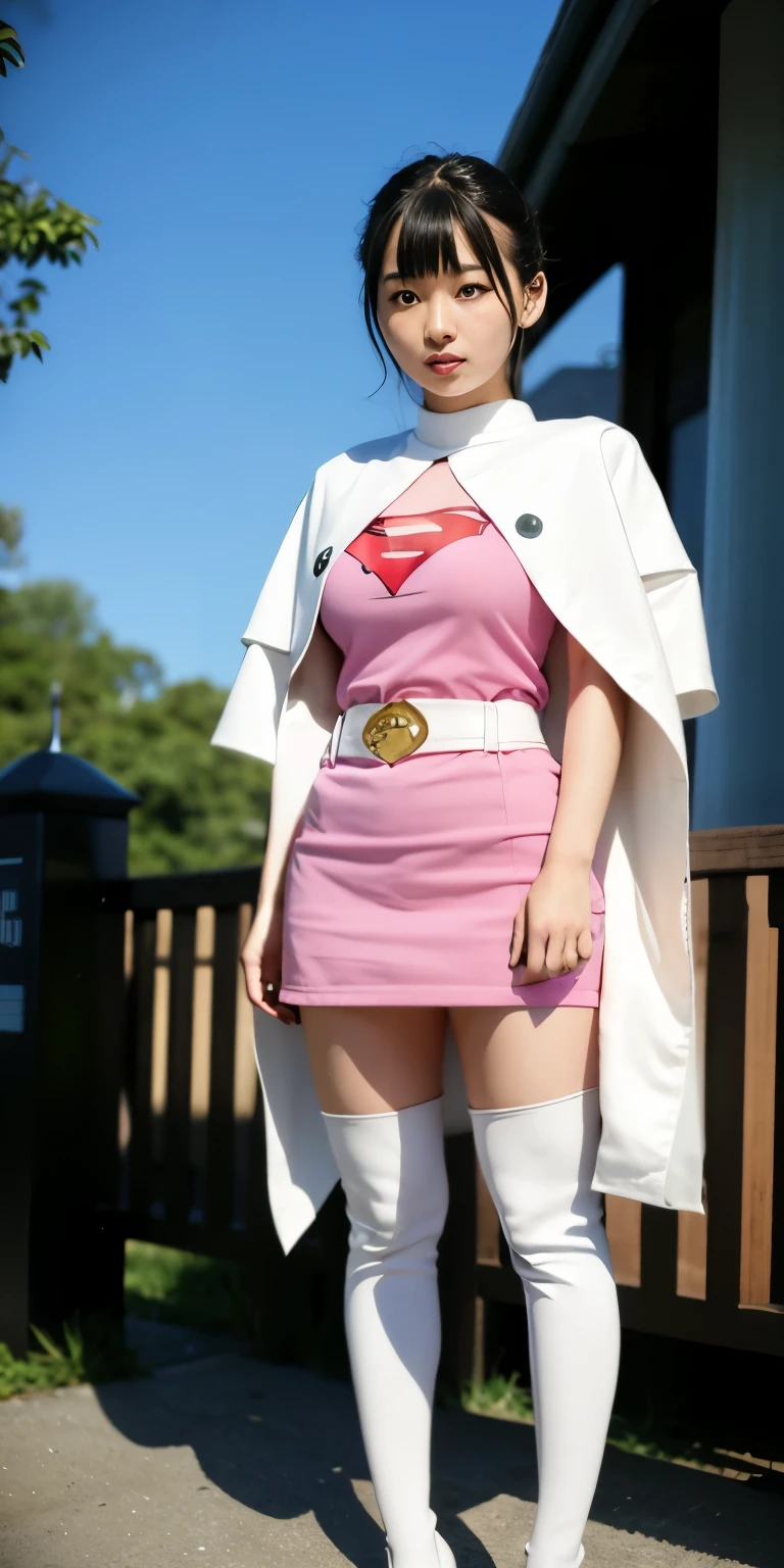 Highest image quality、real image、18-year-old美少女、ポニーテールbeautiful woman、beautiful sister、A woman wearing a pink dress and cloak is standing in front of a building, 18-year-oldの女の子,Jun the Swan、knee high boots science ninja、white panties、beautiful woman、 As a retro-futuristic heroine, 18-year-old、As a retro-futuristic heroine, beautiful thighs、sheila, she - ra, anime female hero portrait, Portrait of a modern dharna, anime visual of super girl, super girl, official art, Dinah Drake, hironaka, Blowjob White Mecha Miniskirt