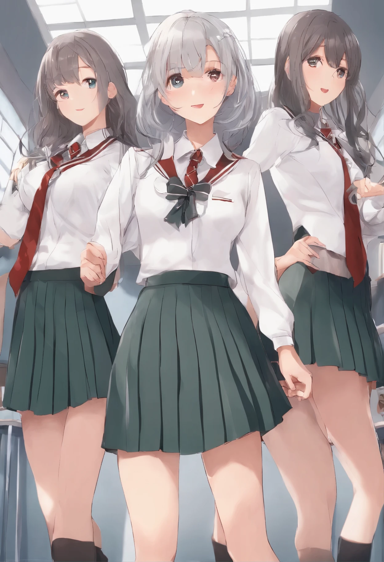 high school girl 3 people classroom uniform mini skirt gray hair short