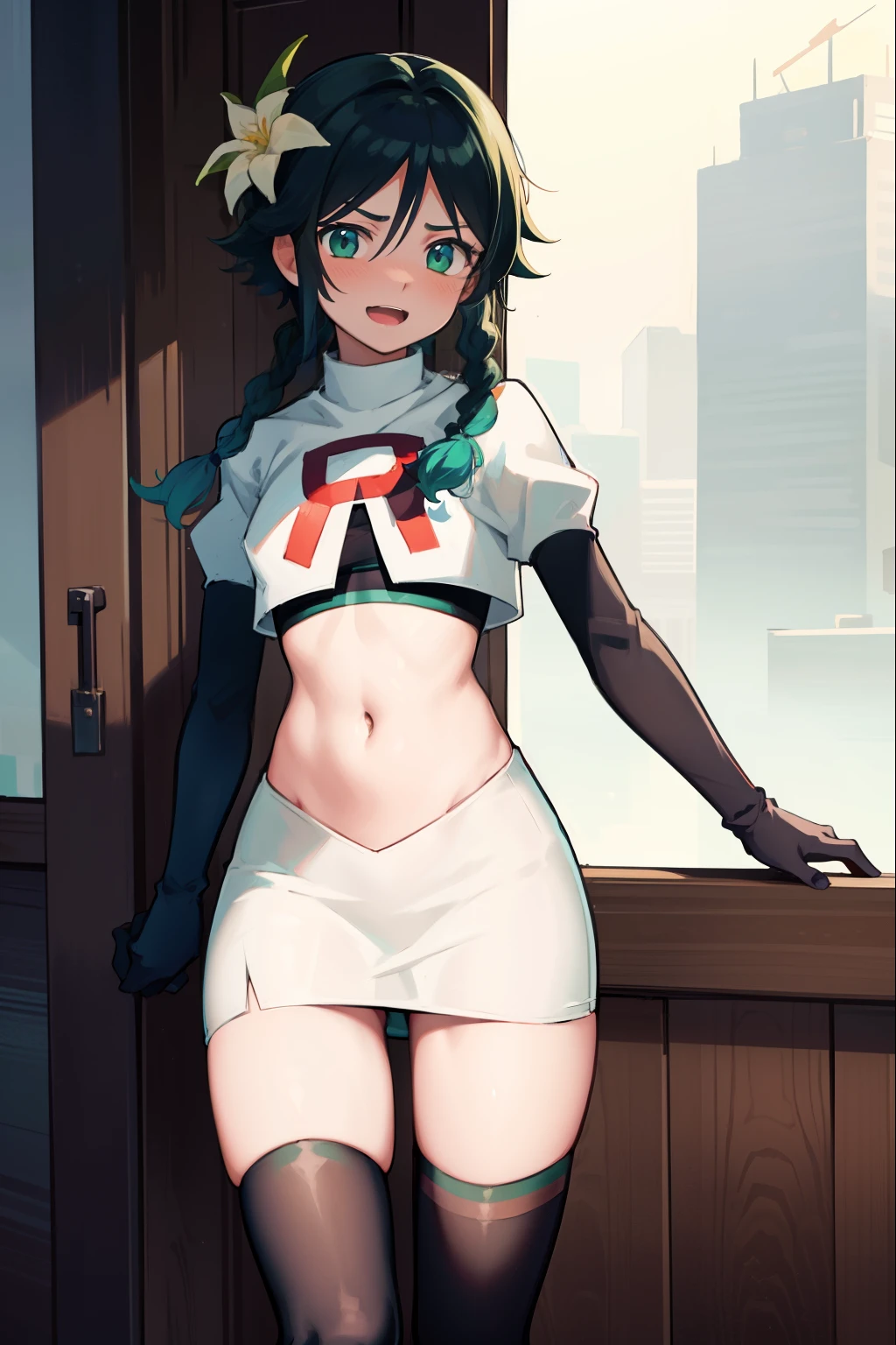 absurdres,venti,1boy, male focus, trap,black hair, green-blue hair, hair braid,hair flower,aqua green eyes,crossdressing,1boy,team rocket,team rocket uniform,white skirt,red letter R,crop top,black thigh-highs,black elbow gloves, laughing,happy, blush