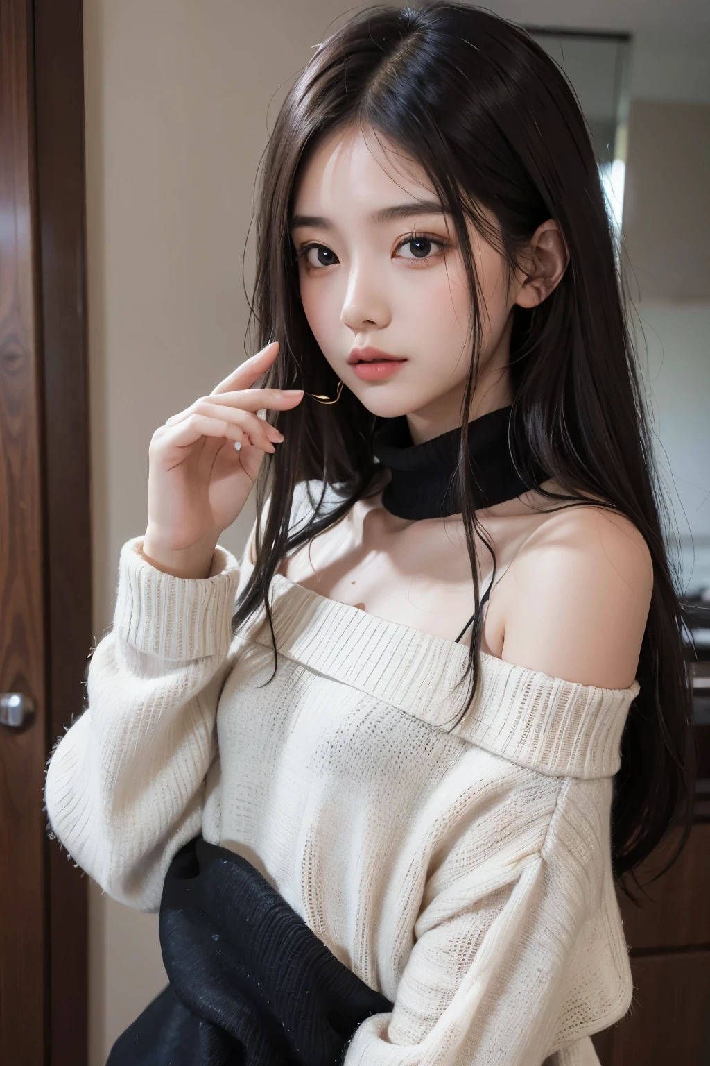 best quality, highres,1 woman,Slender、small face、brown eyes、(tall:1.3)、black hair BREAK、long hair、standing position、(black sweater:1.3 BREAK)、off shoulder、(25 years old:1.3)