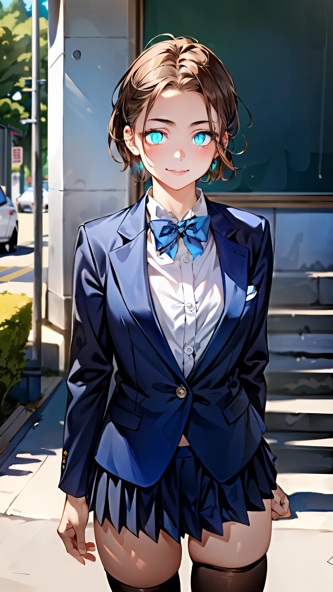 (masterpiece:1.2, highest quality), (realistic, photorealistic:1.4), beautiful illustrations, (natural side lighting, movie lighting), , 
look away, (face focus, Upper body, Front view:0.6), 1 girl, high school girl, Japanese, perfect face, perfect anatomy, Cute symmetrical face, (round face), shiny skin, 
(short hair:1.6, brown hair, slicked back hair:1.3),, (Strong glowing blue eyes:1.9), small eyes, long eyelash, (medium breasts), headband beautiful hair, beautiful face, detailed and beautiful eyes, beautiful clavicle, beautiful body, beautiful breasts, beautiful thighs, beautiful feet, beautiful fingers, 
(((navy blazer:1.6, Navy pleated mini skirt), closed blazer, gray bow tie, white collared shirt), black thigh highs), 
(beautiful scenery), Depth of the bounds written, morning, (schoolyard), Are standing, (put your hand on your chest), (cute smile), 