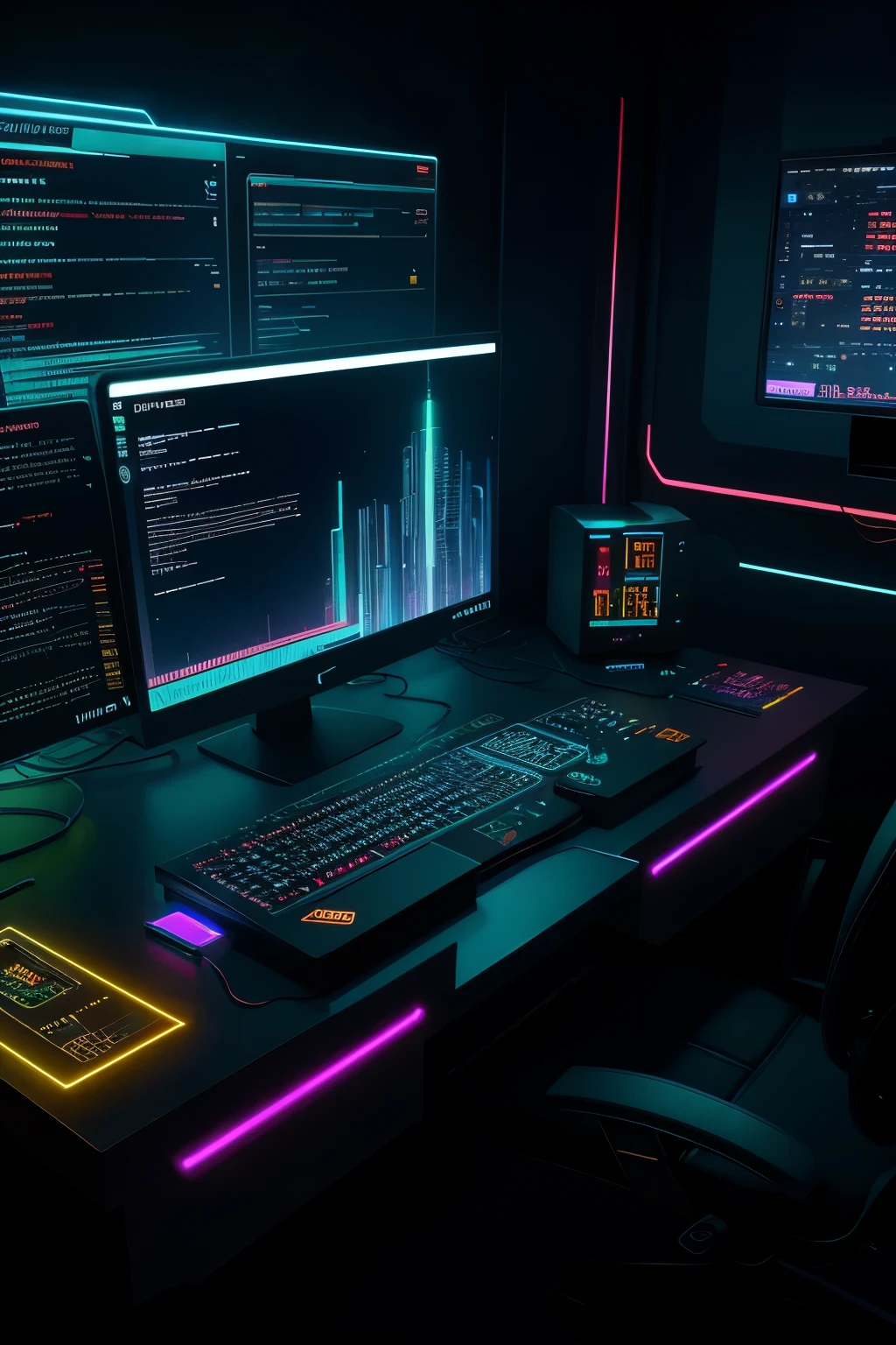 A futuristic computer setup with intricately designed circuits and wires, Neo-cyberpunk style, sharp focus depth, dynamic shadows, high-tech, neon lights, ultra-detailed, cinematic lighting, sleek andono, high-definition, 8k resolution, HDR technology, vibrant colors, hyper-realistic, tops in quality, official workstation, elegant, and with a companion AI hologram.