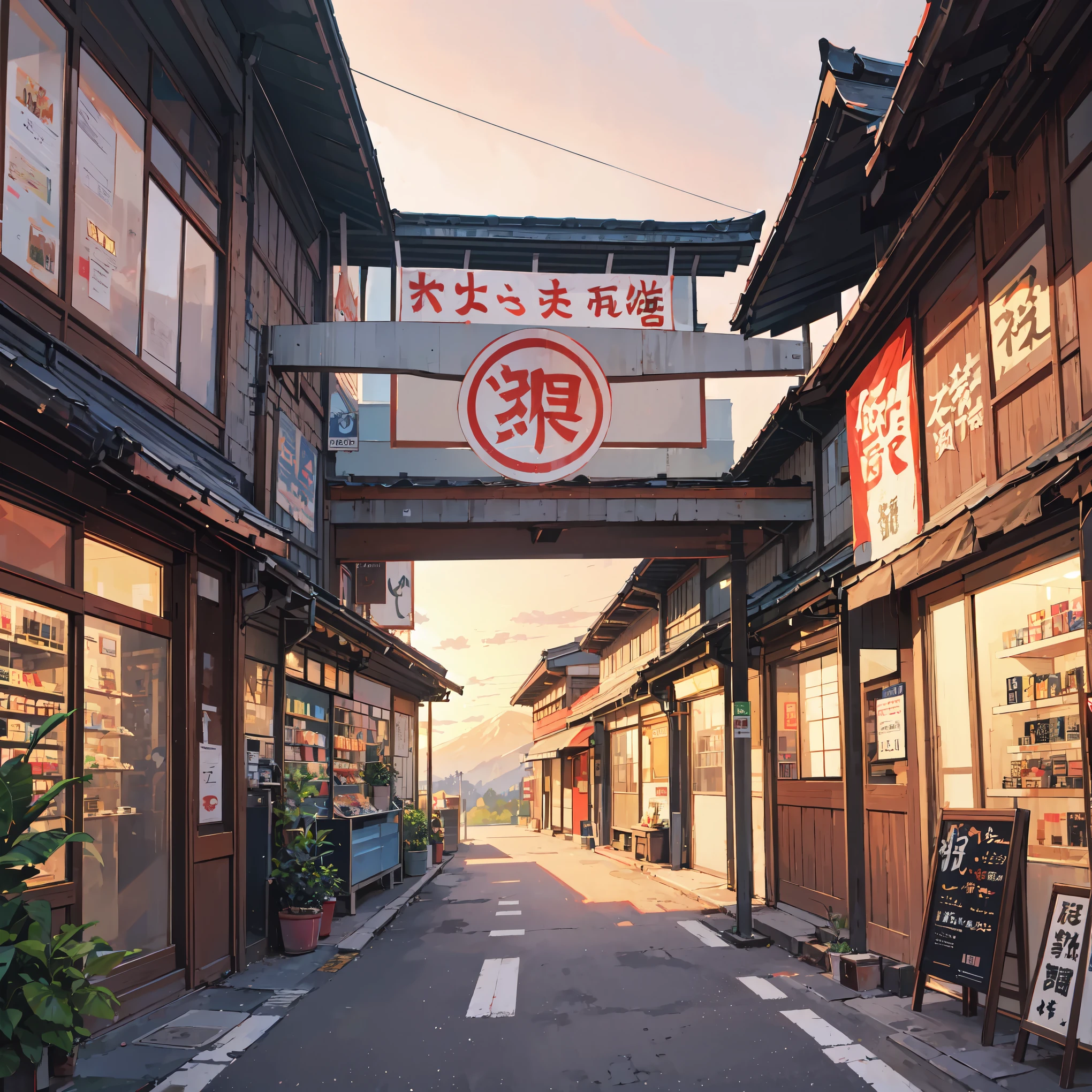 anime background, anime wallpaper, anime, anime style, lofi, lofi style, modern japanese rural street, mountains, uphill, modern japanese architecture, japanese convenience store, big retro japanese shop signs, retro japanese store, trees, plants, rocks, plant pots, shop signs, japanese banners, japanese signs, flags, sunrise, golden hour, golden lighting, empty street, no one in sight, (no one: 1), best quality
