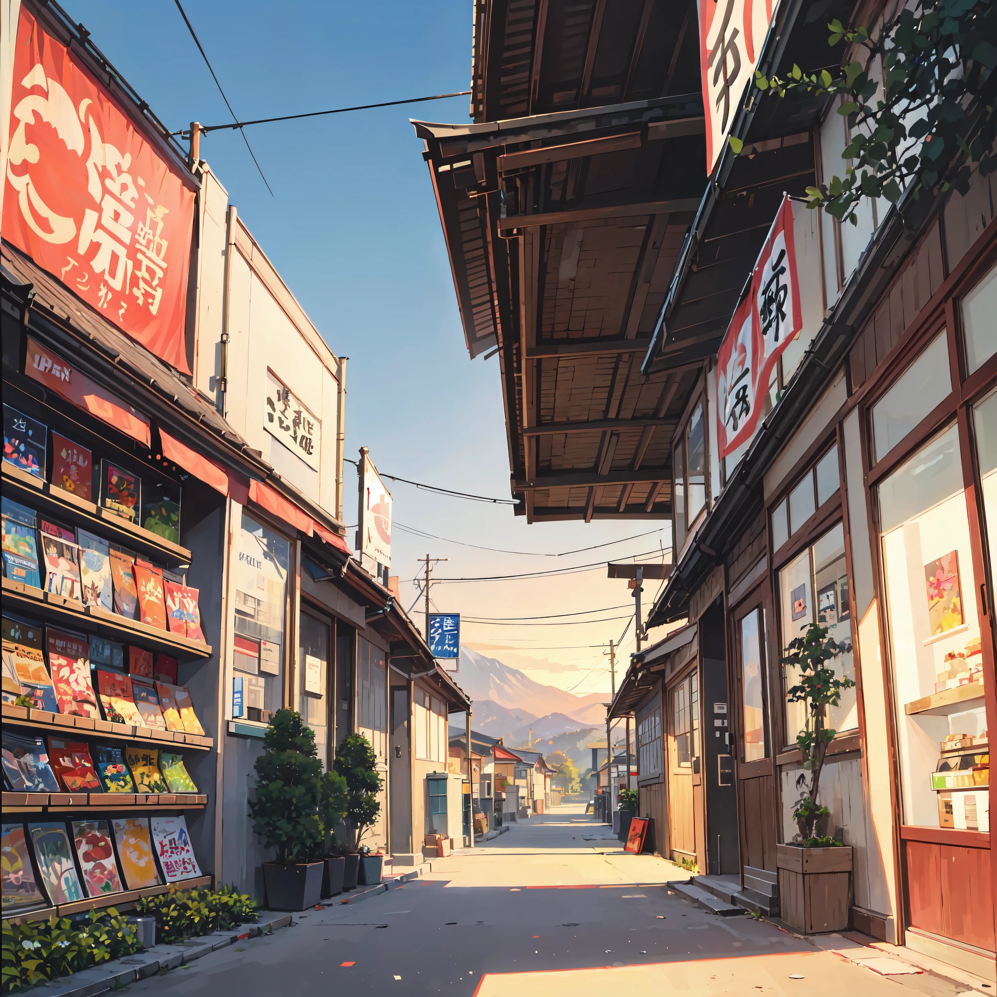 anime background, anime wallpaper, anime, anime style, lofi, lofi style, modern japanese rural street, mountains, uphill, modern japanese architecture, japanese convenience store, big retro japanese shop signs, retro japanese store, trees, plants, rocks, plant pots, shop signs, japanese banners, japanese signs, flags, sunrise, golden hour, golden lighting, empty street, no one in sight, (no one: 1), best quality