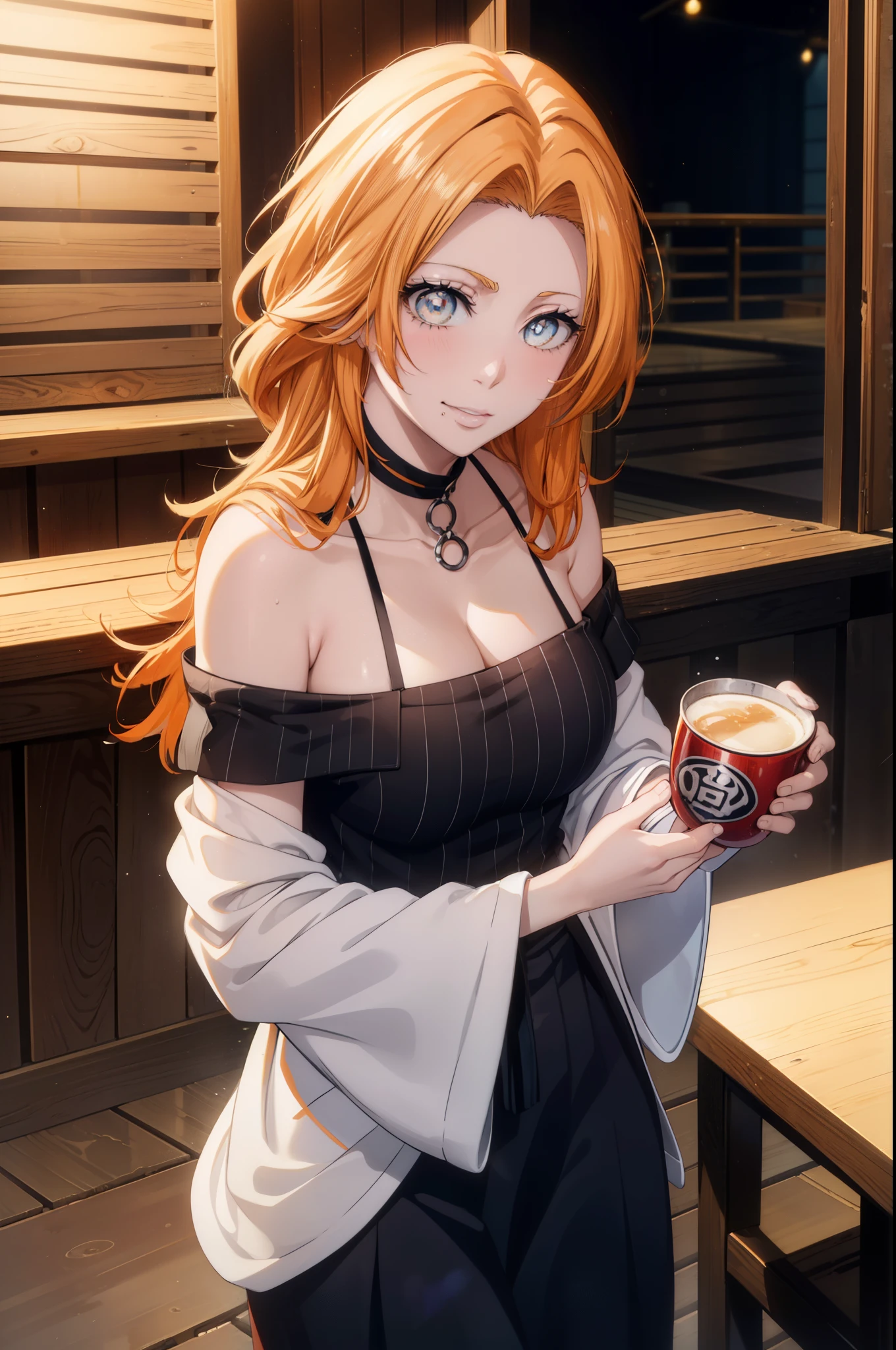 rangikumatsumoto, rangiku matsumoto, long hair, Red-orange hair, mole, mole under mouth, gray eyes,smile,happy atmosphere,mouth open,parted bangs, smile,white off shoulder sweater bare neck,bare clavicle,bare shoulders,black long skirt,There are beer mugs and food on the table.,drinking party,,
break indoors, Izakaya,
break looking at viewer, (cowboy shot:1.5),
break (masterpiece:1.2), highest quality, High resolution, unity 8k wallpaper, (figure:0.8), (detailed and beautiful eyes:1.6), highly detailed face, perfect lighting, Very detailed CG, (perfect hands, perfect anatomy),
