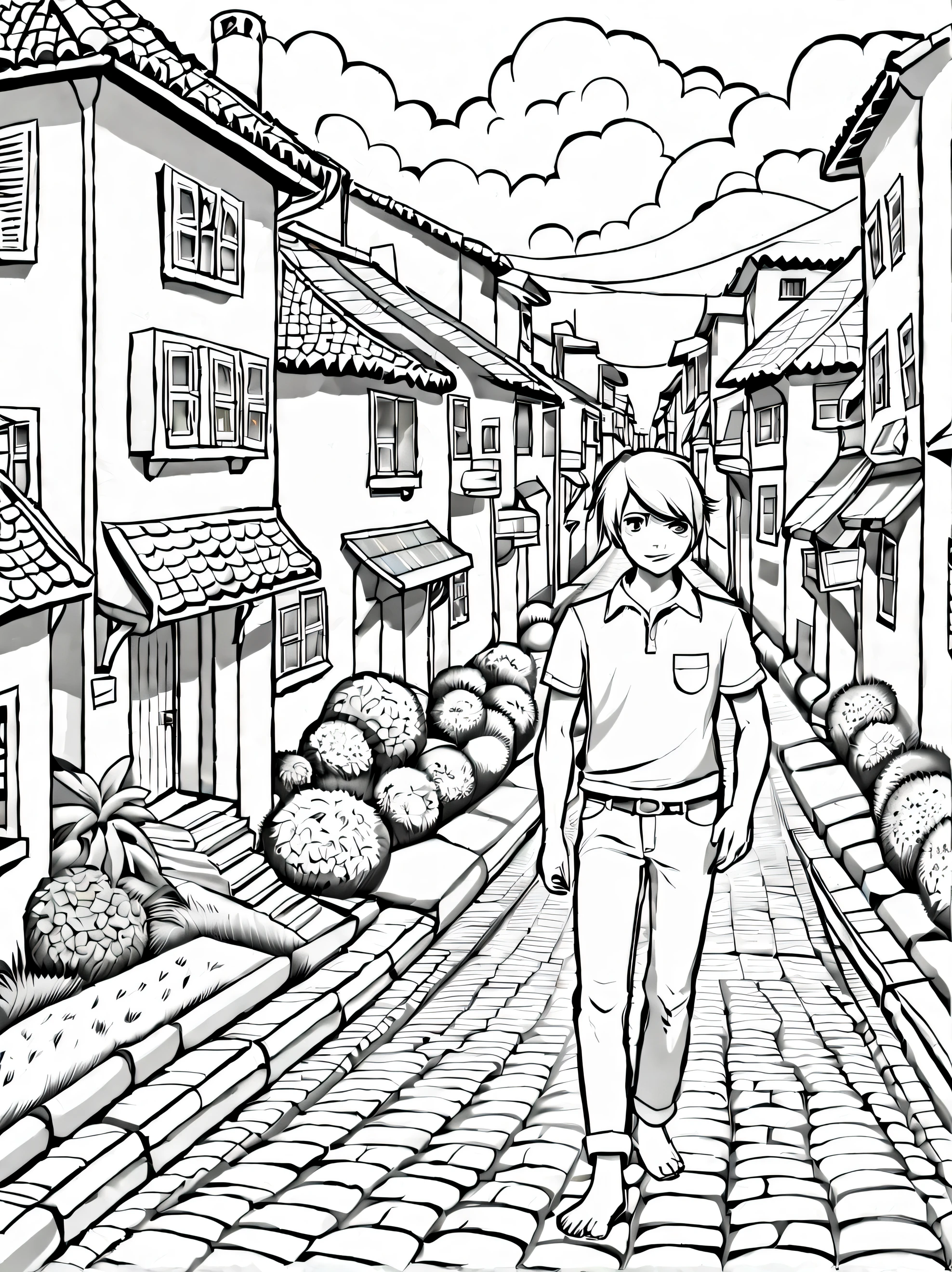 Desenho para colorir adulto, com arte em preto e branco, um homem bonito, de olhos lindos, vestindo apenas short branco, barefoot, com estilo cativante, galante, sedutor, corpo cheio comprimento, desenho ultra detalhado, this man is on a street with traditional houses, com uma bela paisagem, estilo realista, fundo branco, sketch style, apenas contornos, estilo cartoon, linhas finas, livro para colorir, linhas limpas, sharp lines, arte de linha altamente limpa obras de arte detalhadas e requintadas.
