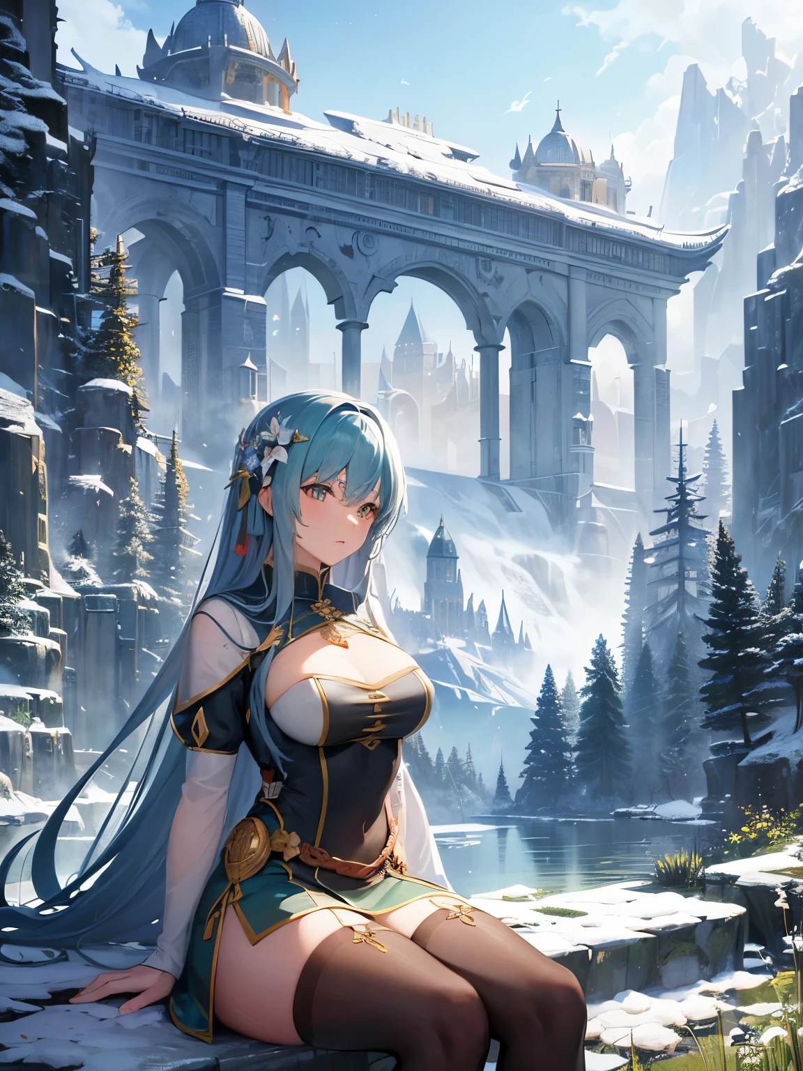 (masterpiece, figure, highest quality, be familiar with,High resolution:1.4), far away, colorful, lively, lush green, volume lighting, contrast, , from far away, Depth of the bounds written , scenery, Landscape painting, concept art, intricate details, stylized, , cloudy sky, moonlit starry sky, fantasy, Cities of the ancient kingdom [Colosseum,sacred,Cathedral] scenery, snow, waterfall, , blooming tree、Grass、flower ,  Rocky Mountains and forest snow in the background ,    , (fantasy魔法:1.4)