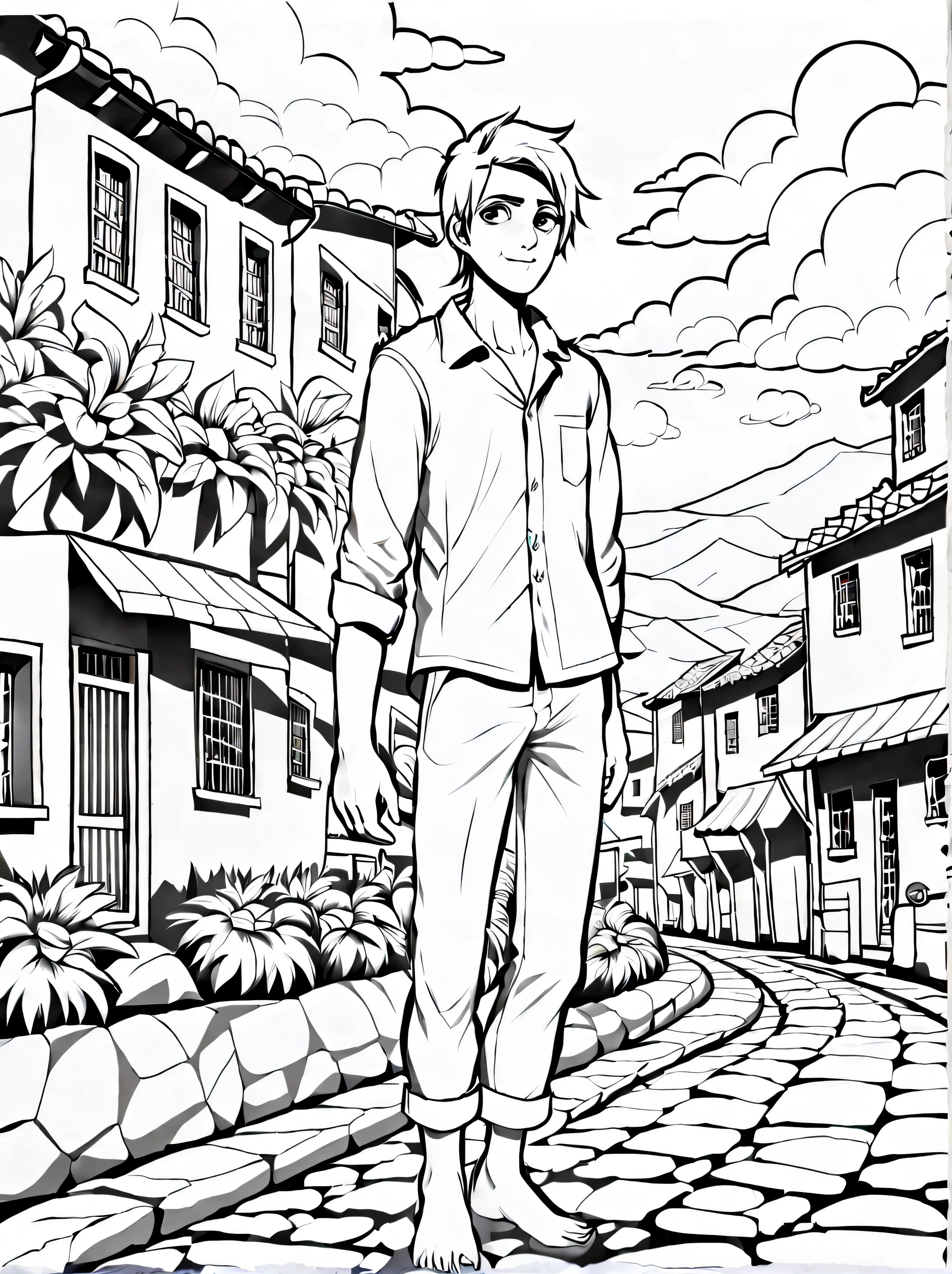 Desenho para colorir adulto, com arte em preto e branco, um homem bonito, de olhos lindos, vestindo apenas short branco, barefoot, com estilo cativante, galante, sedutor, corpo cheio comprimento, desenho ultra detalhado, this man is on a street with traditional houses, com uma bela paisagem, estilo realista, fundo branco, sketch style, apenas contornos, estilo cartoon, linhas finas, livro para colorir, linhas limpas, sharp lines, arte de linha altamente limpa obras de arte detalhadas e requintadas.