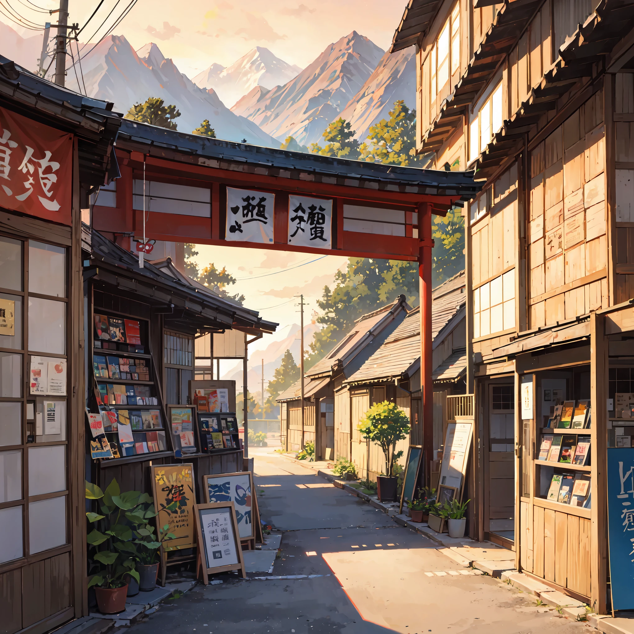 anime background, anime wallpaper, anime, anime style, lofi, lofi style, modern japanese rural street, mountains, uphill, modern japanese architecture, japanese convenience store, big retro japanese shop signs, retro japanese store, trees, plants, rocks, plant pots, shop signs, japanese banners, japanese signs, flags, sunrise, golden hour, golden lighting, empty street, no one in sight, (no one: 1), best quality