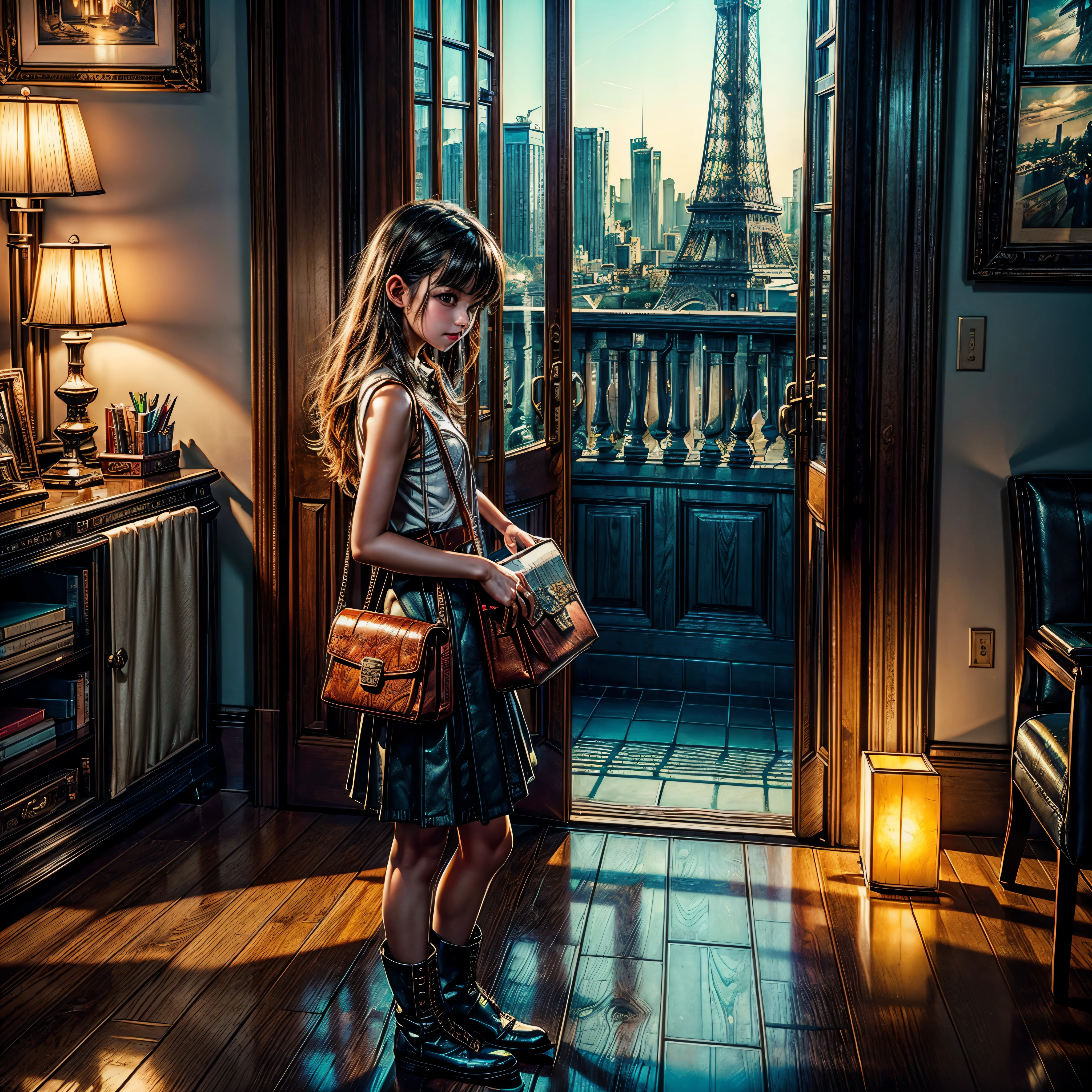 Earth:3 under desk, Magic Circle (epic tMasterpiece, ultra highest quality, ultra highest resolution, ultra high-definition, distinct_image, very elaborate CG cinematic_lighting ray_tracing drop_shadows (photorealistic: 1.4), ultra high-quality textures fine-grained realistic face expression): (Epic gorgeous lone girl brown short hair bulb frange gorgeous sparkling eyes, Eye level shot, happy smile, beauty, slim body small size breasts, holiday, own room, console disco, computer, display, keyboard, mouse, long leather skirt, collared shirt, leather vest, handgun holder, carrying leather bag on your back, long boots, antique radio, coffee, model train, bookshelf, spacious yellowchair, Pots, fans, paintings, stuffed animals, ties, notebooks, stationery, vases, photo frames, letters, fountain pens, calendars, lamps, cushions, baskets, mirrors reflecting in profile, candles, telephone, fruit, newspapers, sweets, city Eiffel view outside the window), Pendulum clock frog, varied multi etc. --v6 --s1000 --c20 --q5 --chaos100