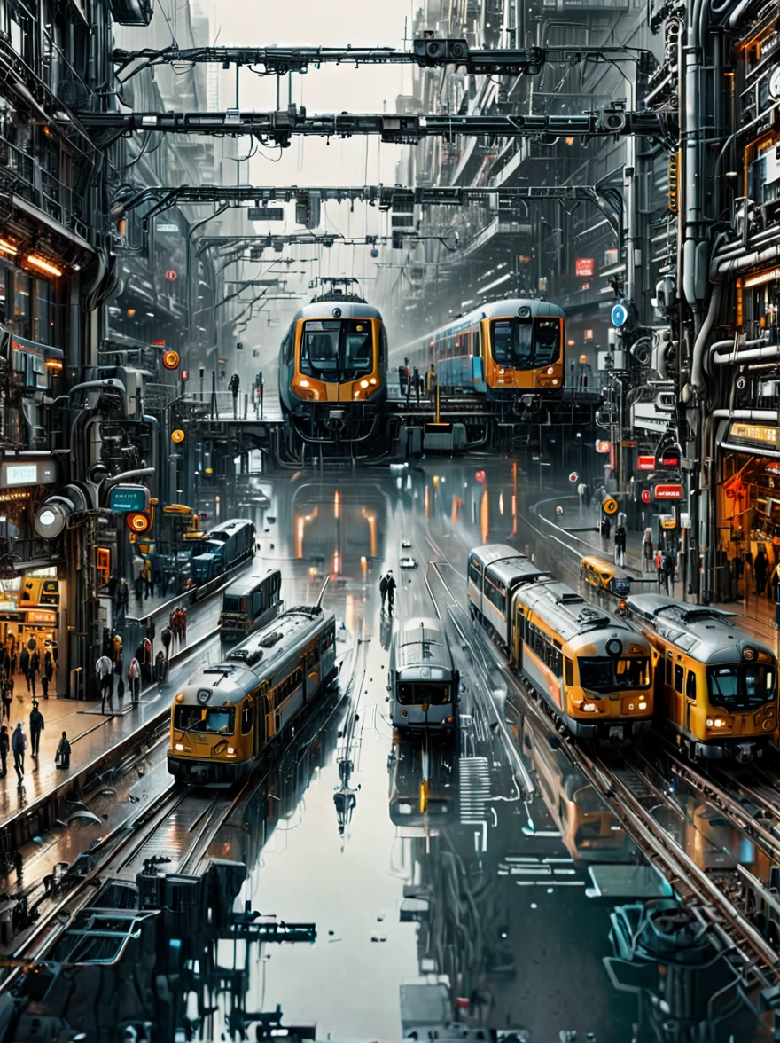 Edge&#39;s dystopian busy train station, Transport vehicles parked at the station and bright signs, Pedestrians move synchronously, Rainwater creates reflective pools on the ground