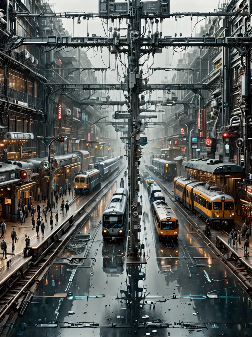 Edge&#39;s dystopian busy train station, Transport vehicles parked at the station and bright signs, Pedestrians move synchronously, Rainwater creates reflective pools on the ground