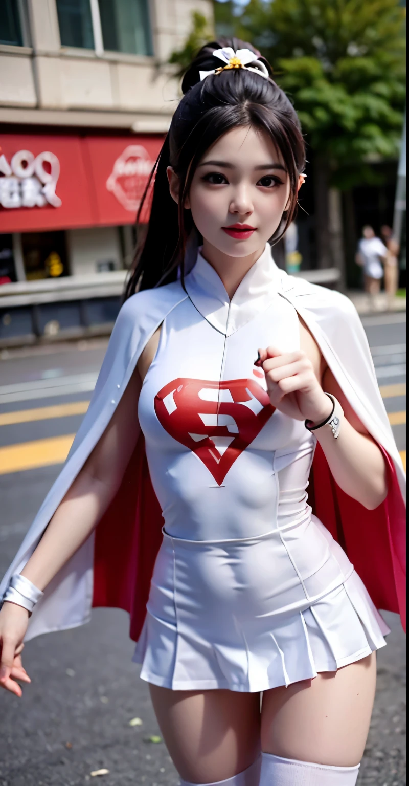 real image、beautiful woman、Highest image quality、ponytail、mini skirt、white panties、Alafi takes a photo wearing pink clothes and a cloak, V-chest open clothes, with cloak, smooth white tight clothing suit, anime girl cosplay, Superhero Girl, Trending on cgstation, anime cosplay, Cute girl in a tank suit, korean girl, Shahi, Chen Xintong, Wenfei Ye, wearing a two-piece swimsuit