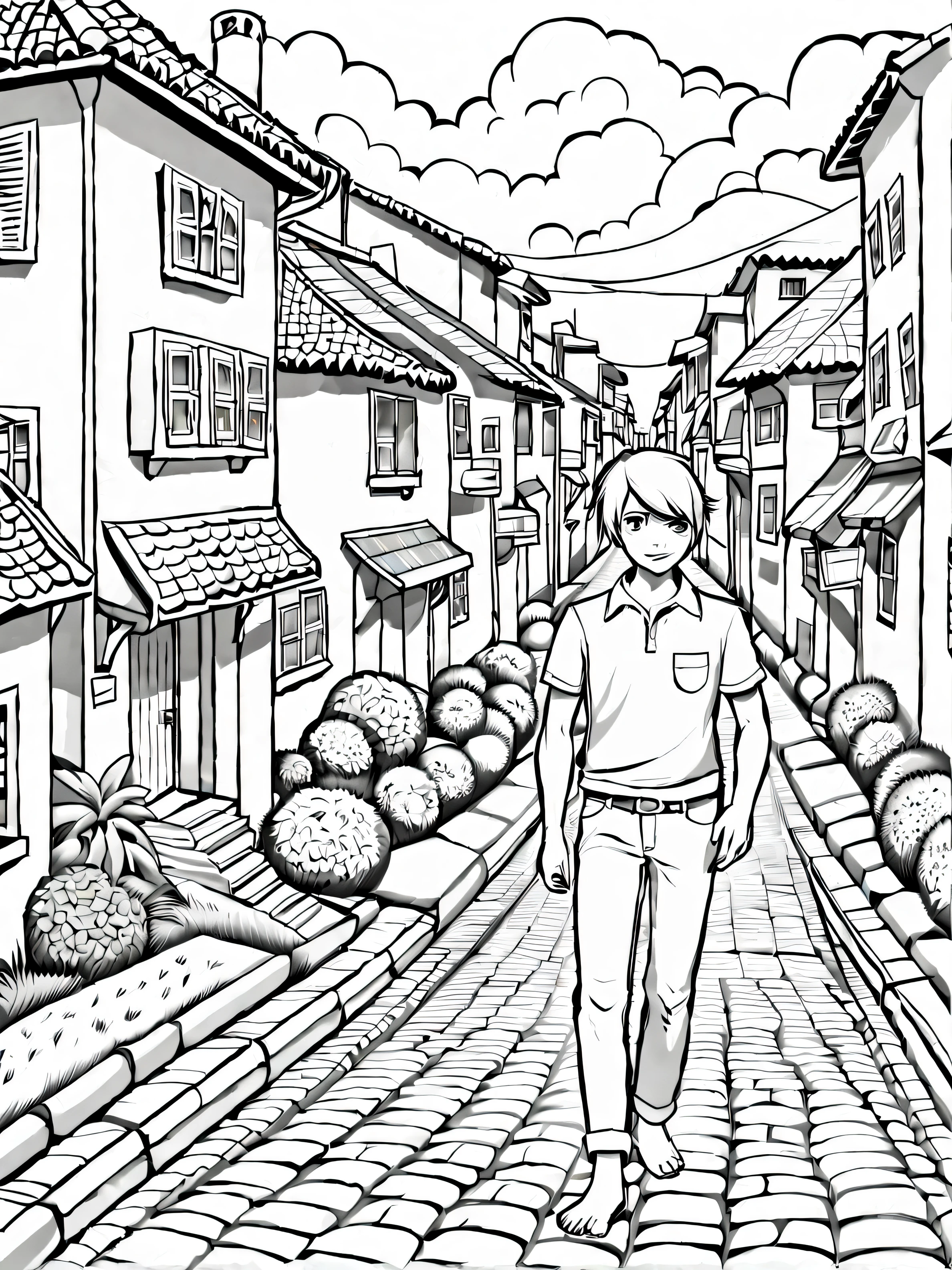 Desenho para colorir adulto, com arte em preto e branco, um homem bonito, de olhos lindos, vestindo apenas short branco, barefoot, com estilo cativante, galante, sedutor, corpo cheio comprimento, desenho ultra detalhado, this man is on a street with traditional houses, com uma bela paisagem, estilo realista, fundo branco, sketch style, apenas contornos, estilo cartoon, linhas finas, livro para colorir, linhas limpas, sharp lines, arte de linha altamente limpa obras de arte detalhadas e requintadas.