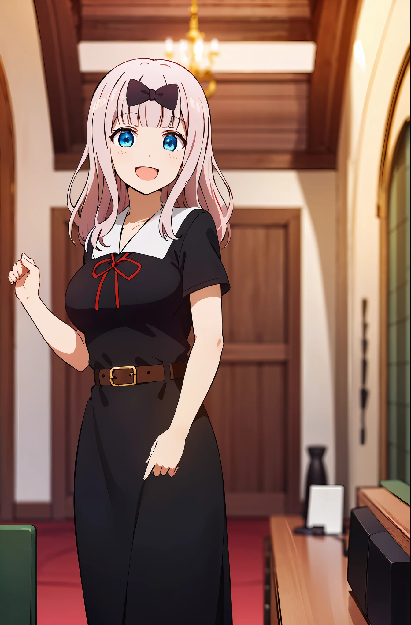 best quality, (masterpiece:1.2), detailed,
Fujiwara Chika (Kaguya-sama),
1 girl, alone, open mouth, Smile,
pink hair, blue eyes, long hair,
Uniforms, black skirt, hairpin, black bow, red belt,
Permanently installed, Hands together, looking at the audience,
classroom