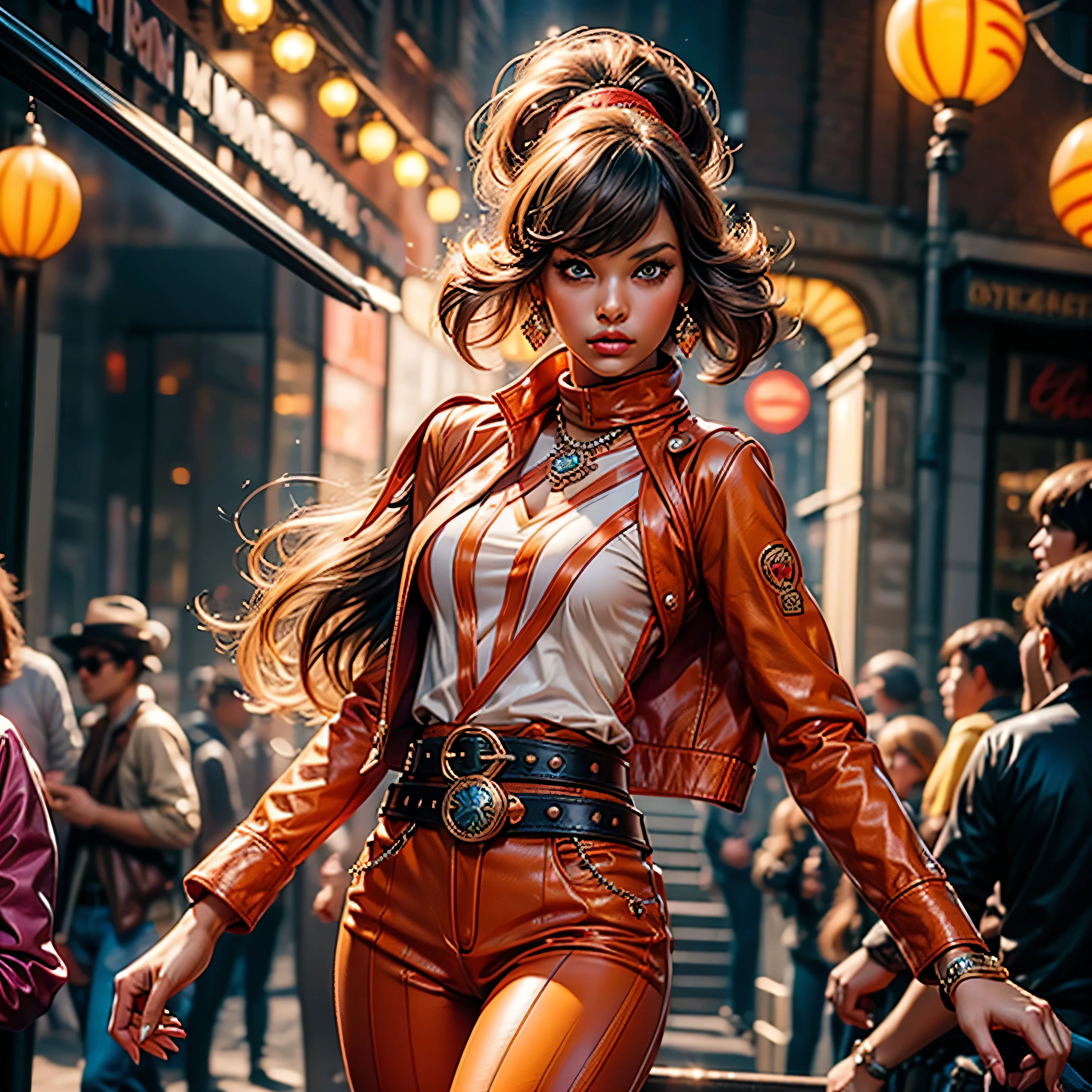 (Ultra-detailed eyes), (((textile shading))), (((Best Quality))), (((masutepiece))), (((Ultra-detailed CG))), sassy girl, (((magical ))), (), (tiny chest), blonde hair, blonde hair, blonde hair, pin up emo, ((gorgeous hair)), Pink eyes, (((retro style, vibrant orange trousers, paired flawlessly with a striking Tape logo patch-detail belt, y2k))), ((striking a pose)), (((Game CG)) (gorgeous, sassy, it girl), fancy jewelry, full led on background, sparkling led on background, retro light tourmaline, retro vibe , light retro led, magic disco light led, strong 80s atmosphere, cowboy shot, midshot, centered image, eye on camera, front look, absolutely outstanding image, bite her lip, reflection, varied multi etc. --v6 --s1000 --c20 --q5 --chaos100