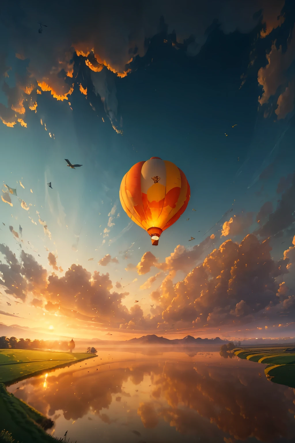 (Movie-like CG), (Best quality), 4K, ultra-detailed, sublime lighting, serene landscape, hot air balloon, (basket), (burning flame), (rising into the sky), picturesque scenery, (lush green fields), (clear blue horizon), (sun setting behind), (warm hues), (gentle winds), (passengers waving), (birds flying alongside), (rivers reflecting the scene below), (shadows cast upon the land), (golden reflections), (sense of tranquility), (softly blowing fabric), (roaring fire), (romantic adventure), (incredible panoramic