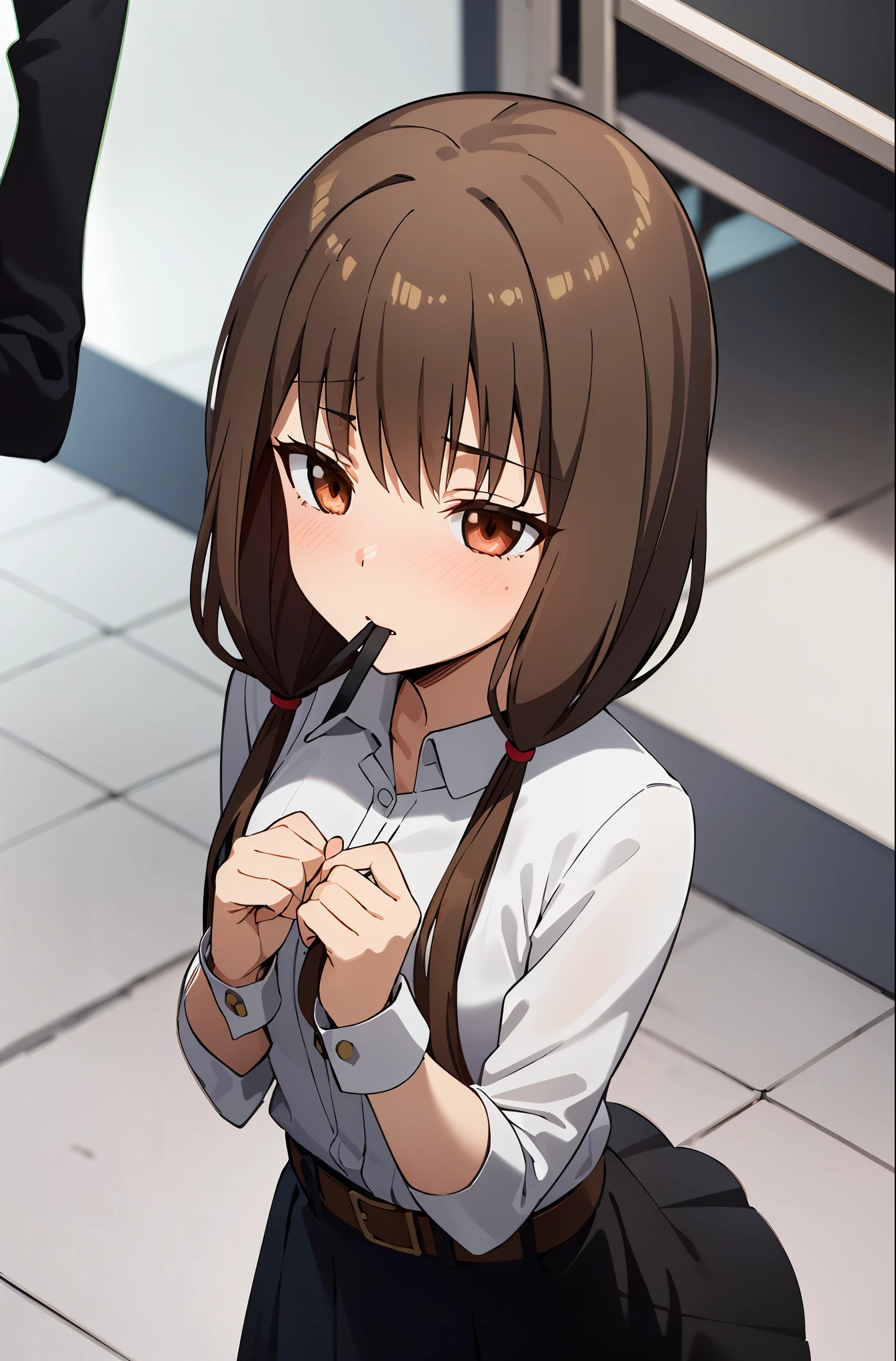 best quality, (masterpiece:1.2), detailed,
1 girl, alone, Keep your mouth shut, light blush,
brown hair, brown eyes, long hair, Double tail,
Uniforms, black skirt, red belt,
Permanently installed, Hands together, looking at the audience,
classroom