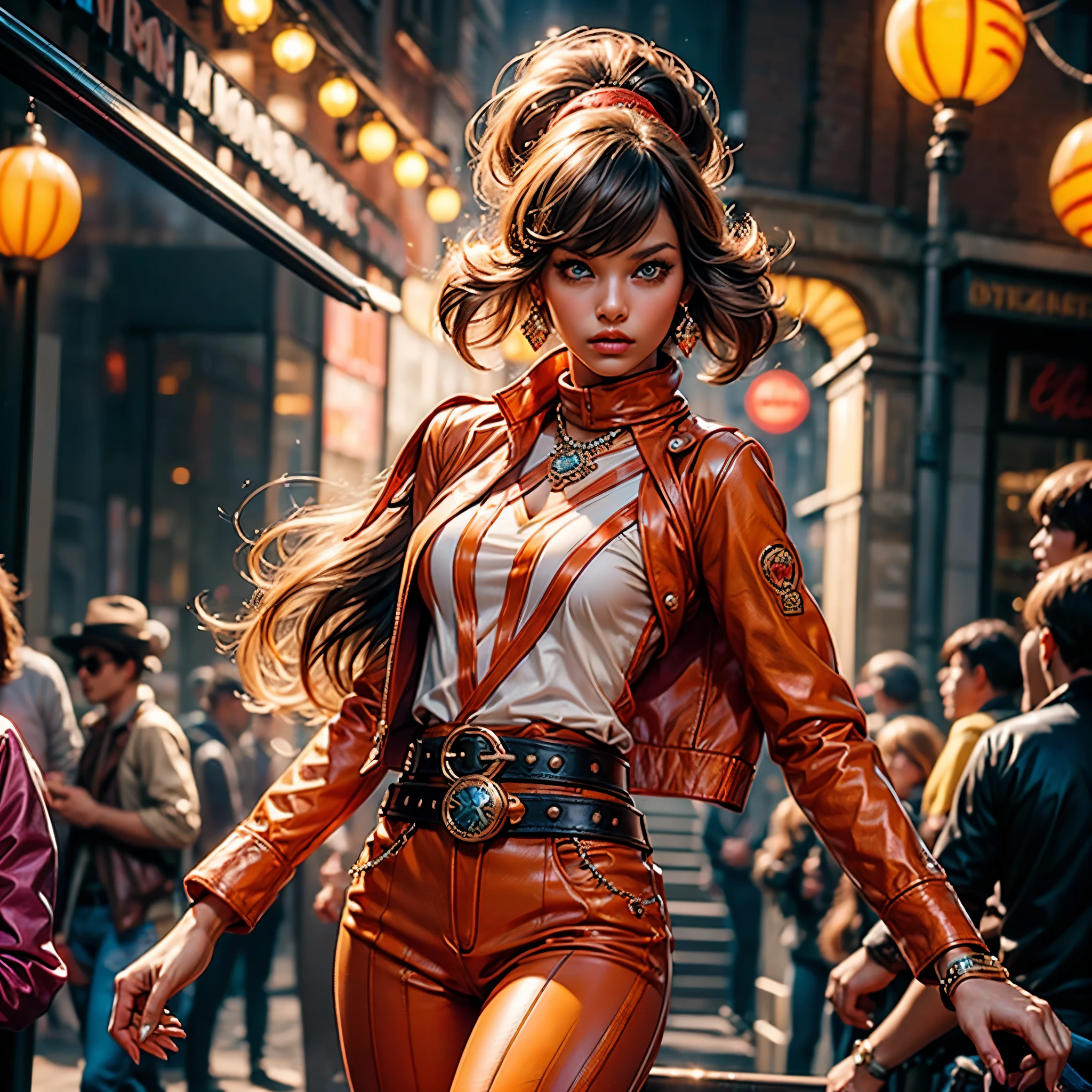 (Ultra-detailed eyes), (((textile shading))), (((Best Quality))), (((masutepiece))), (((Ultra-detailed CG))), sassy girl, (((magical ))), (), (tiny chest), blonde hair, blonde hair, blonde hair, pin up emo, ((gorgeous hair)), Pink eyes, (((retro style, vibrant orange trousers, paired flawlessly with a striking Tape logo patch-detail belt, y2k))), ((striking a pose)), (((Game CG)) (gorgeous, sassy, it girl), fancy jewelry, full led on background, sparkling led on background, retro light tourmaline, retro vibe , light retro led, magic disco light led, strong 80s atmosphere, cowboy shot, midshot, centered image, eye on camera, front look, absolutely outstanding image, bite her lip, reflection, varied multi etc. --v6 --s1000 --c20 --q5 --chaos100