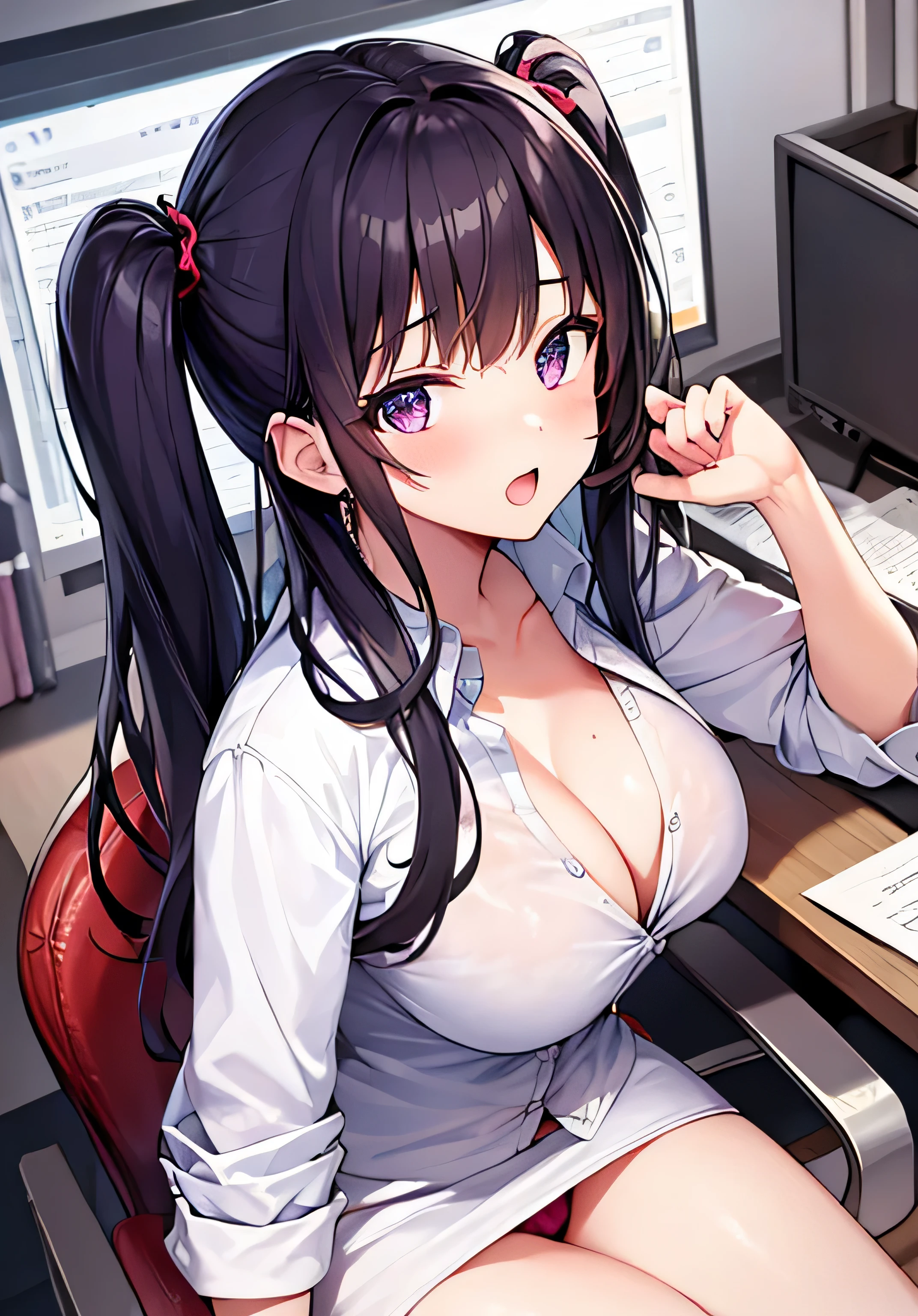 masterpiece、best image quality、ultra high resolution、NSFW、 girl with big breasts、twin tail hairstyle、black hair、red face、shyly、Open your mouth just a little、White dress shirt that shows cleavage、short pencil skirt、panties、sitting in an office chair with your panties visible、inside the office