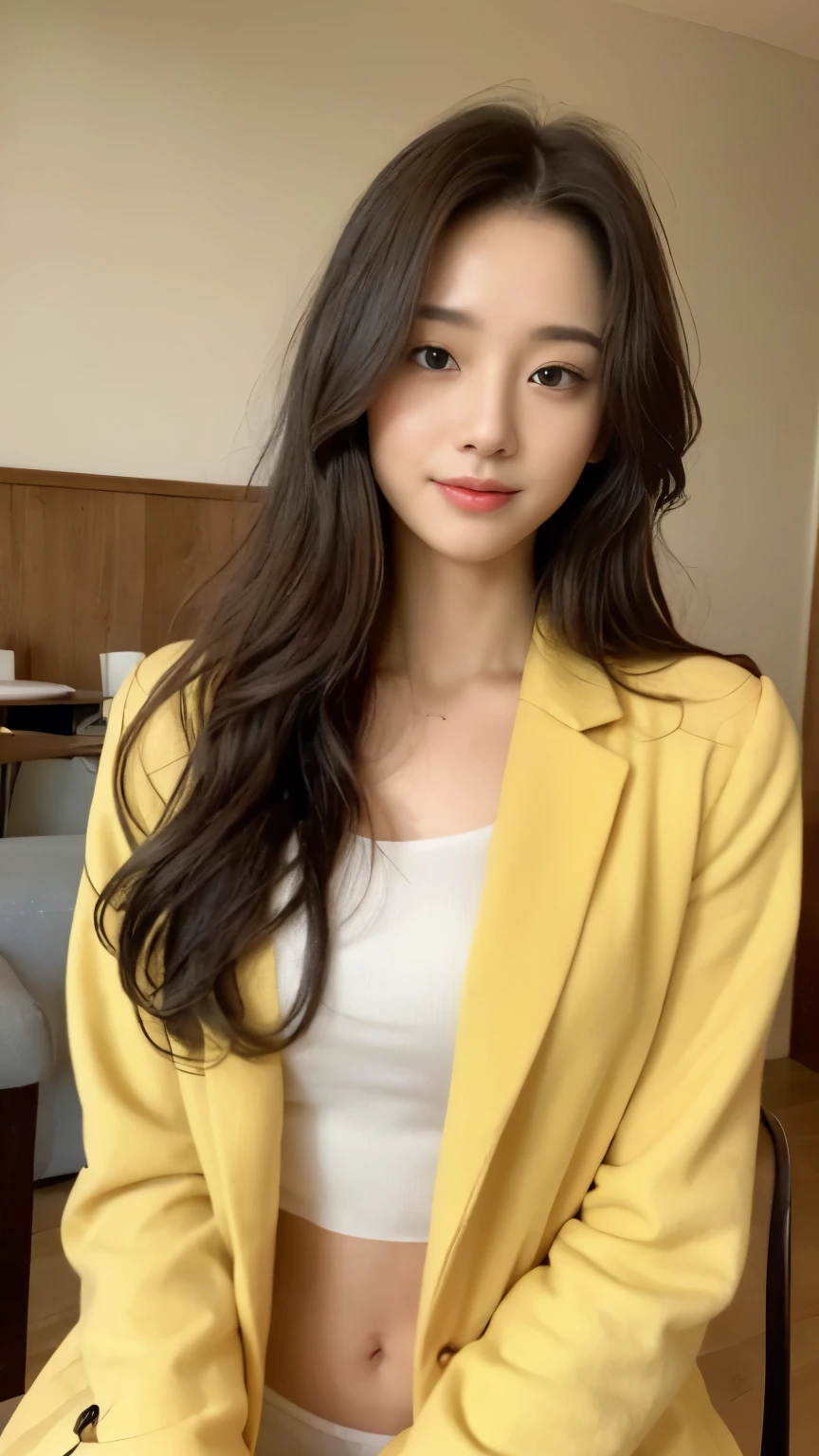 ((top-quality、8k、masterpiece:1.3))、Beautiful woman with perfect body:1.4、slim abdomen:1.2、Longhair, normal breast, Highly detailed facial and skin texture, A detailed eye, delicate eyes, double eyelid, (smile), (full body shot), ((cafe 1.2)), (sitting on chair), ((wearing white uniform with yellow coat)), looking in front