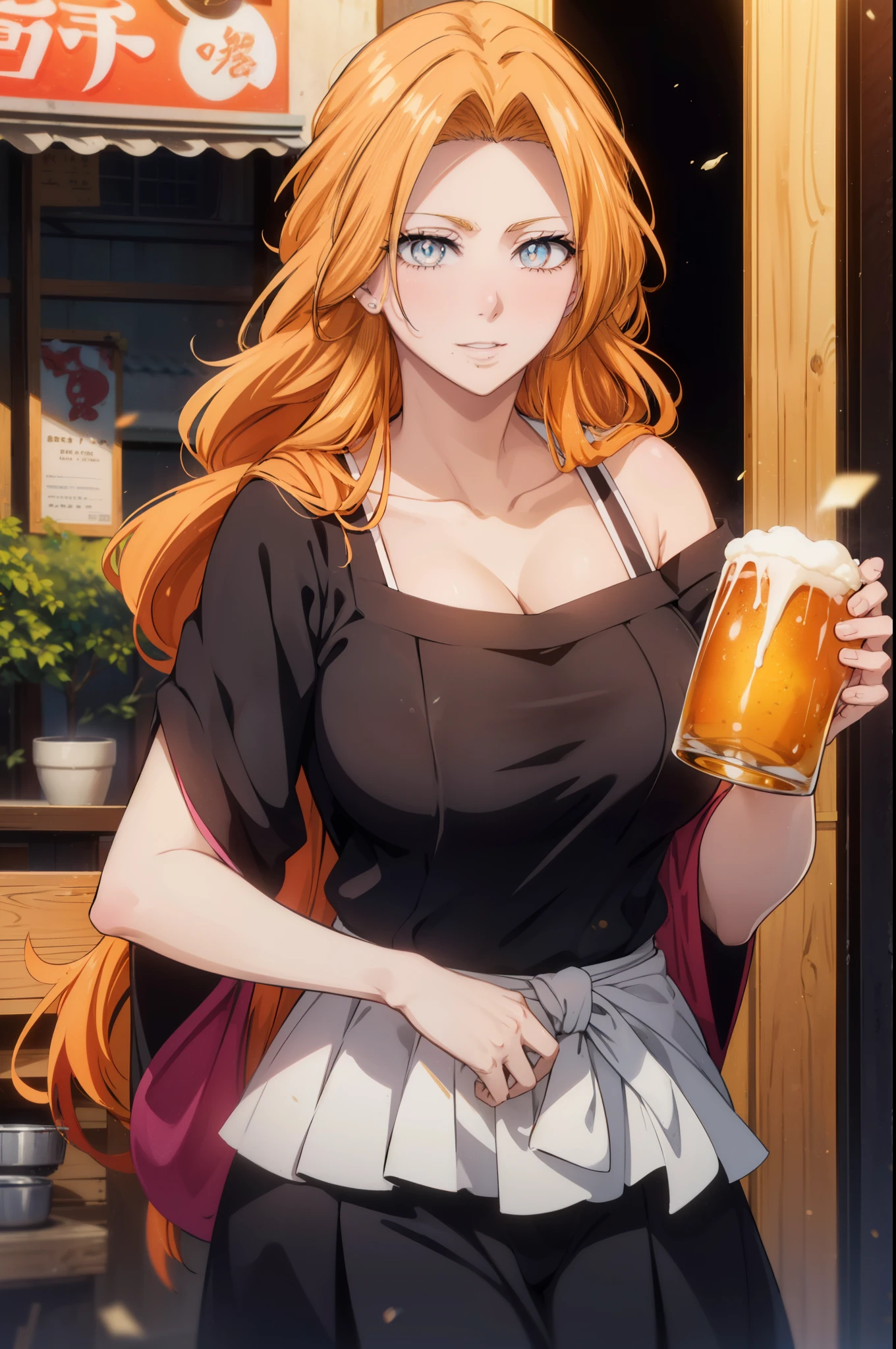 rangikumatsumoto, rangiku matsumoto, long hair, Red-orange hair, mole, mole under mouth, gray eyes,smile,happy atmosphere,mouth open,parted bangs, smile,white off shoulder sweater bare neck,bare clavicle,bare shoulders,black long skirt,There is a large beer mug and food on the table.,drinking party,
break indoors, Izakaya,
break looking at viewer, (cowboy shot:1.5),
break (masterpiece:1.2), highest quality, High resolution, unity 8k wallpaper, (figure:0.8), (detailed and beautiful eyes:1.6), highly detailed face, perfect lighting, Very detailed CG, (perfect hands, perfect anatomy),