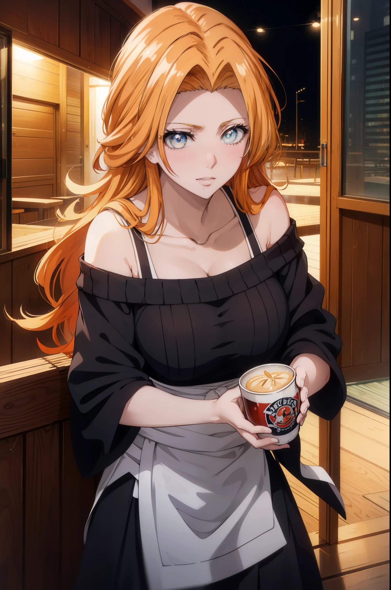 rangikumatsumoto, rangiku matsumoto, long hair, Red-orange hair, mole, mole under mouth, gray eyes,smile,happy atmosphere,mouth open,parted bangs, smile,white off shoulder sweater bare neck,bare clavicle,bare shoulders,black long skirt,There is a large beer mug and food on the table.,drinking party,
break indoors, Izakaya,
break looking at viewer, (cowboy shot:1.5),
break (masterpiece:1.2), highest quality, High resolution, unity 8k wallpaper, (figure:0.8), (detailed and beautiful eyes:1.6), highly detailed face, perfect lighting, Very detailed CG, (perfect hands, perfect anatomy),