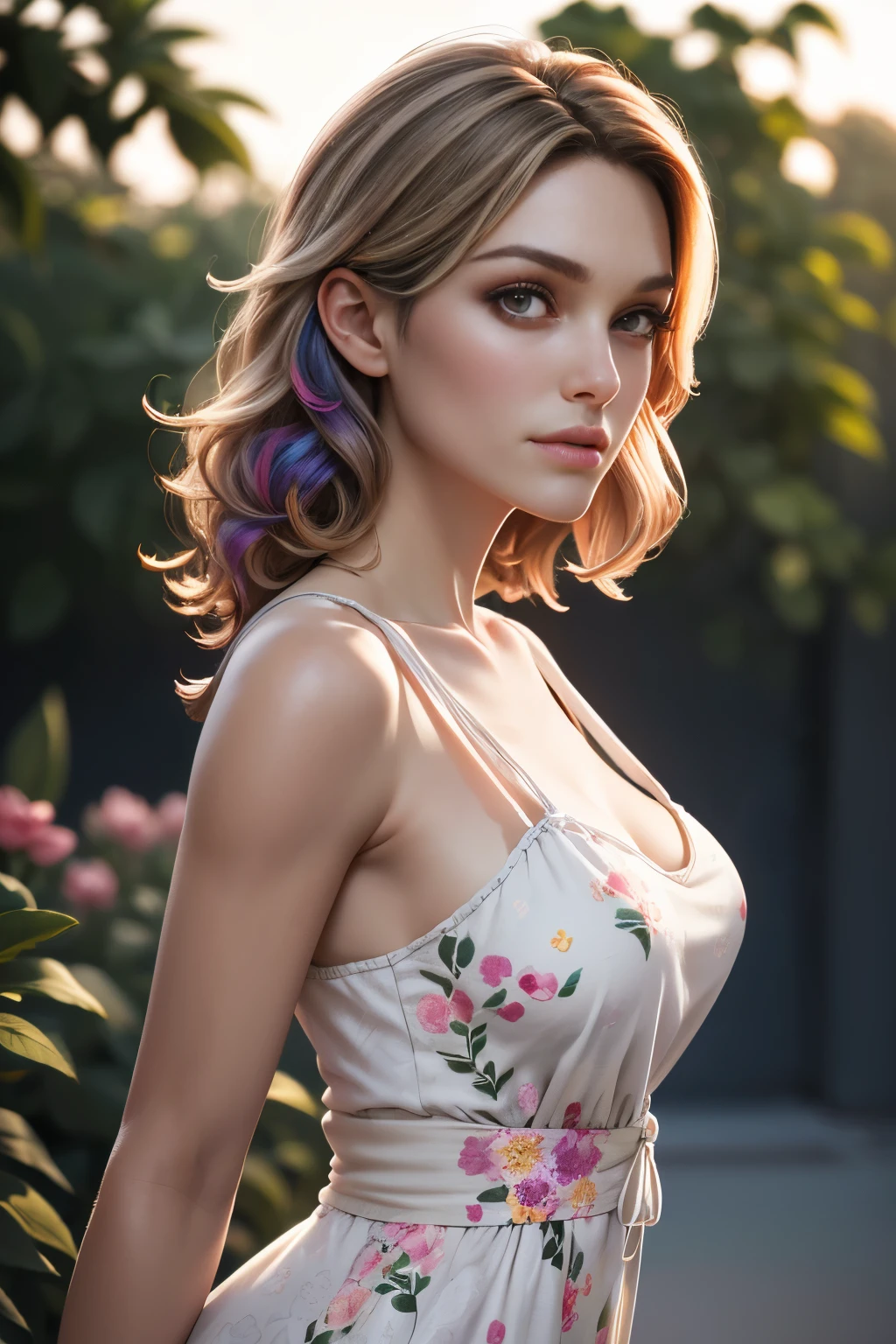 photo of celebrity, RAW, beautiful woman, ((portrait)), ((detailed face, colorful rainbow hair:1.2)), ((detailed facial feature, detailed skin, clear skin, parted lips), (perfect proportioned body, medium breasts, side boob), (wearing a light colored dress. A white sundress, floral pattern sundress: 1.5)), (high detailed garden environment, her side to us, sideview, looking at viewer: 1.3), (realistic photo, best quality, detailed), (8k wallpaper), (cinematic lighting, dramatic lighting) (sharp focus, intricate)