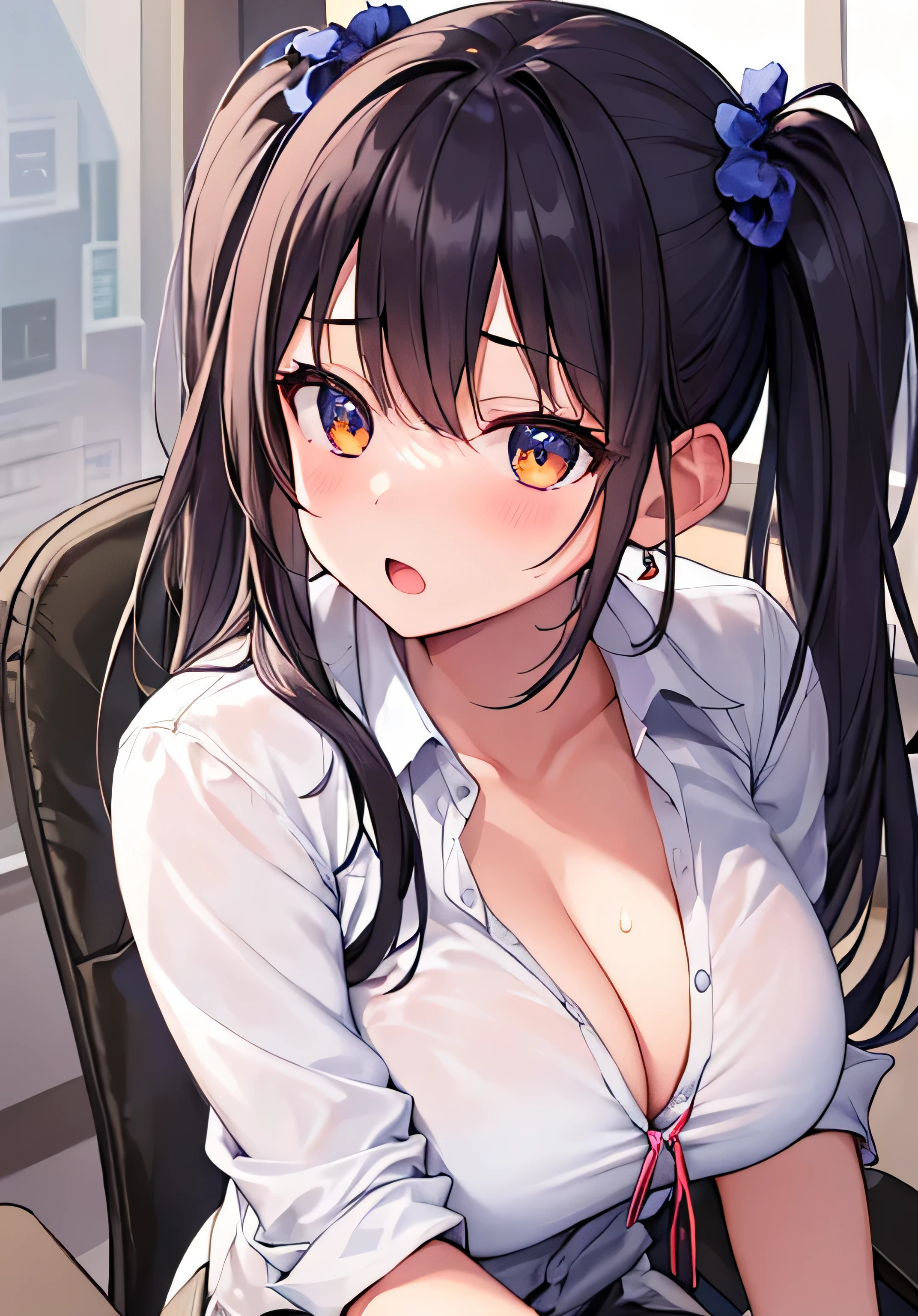 masterpiece、best image quality、ultra high resolution、NSFW、 girl with big breasts、twin tail hairstyle、black hair、red face、shyly、Open your mouth just a little、White dress shirt that shows cleavage、short pencil skirt、panties、sitting in an office chair with your panties visible、inside the office