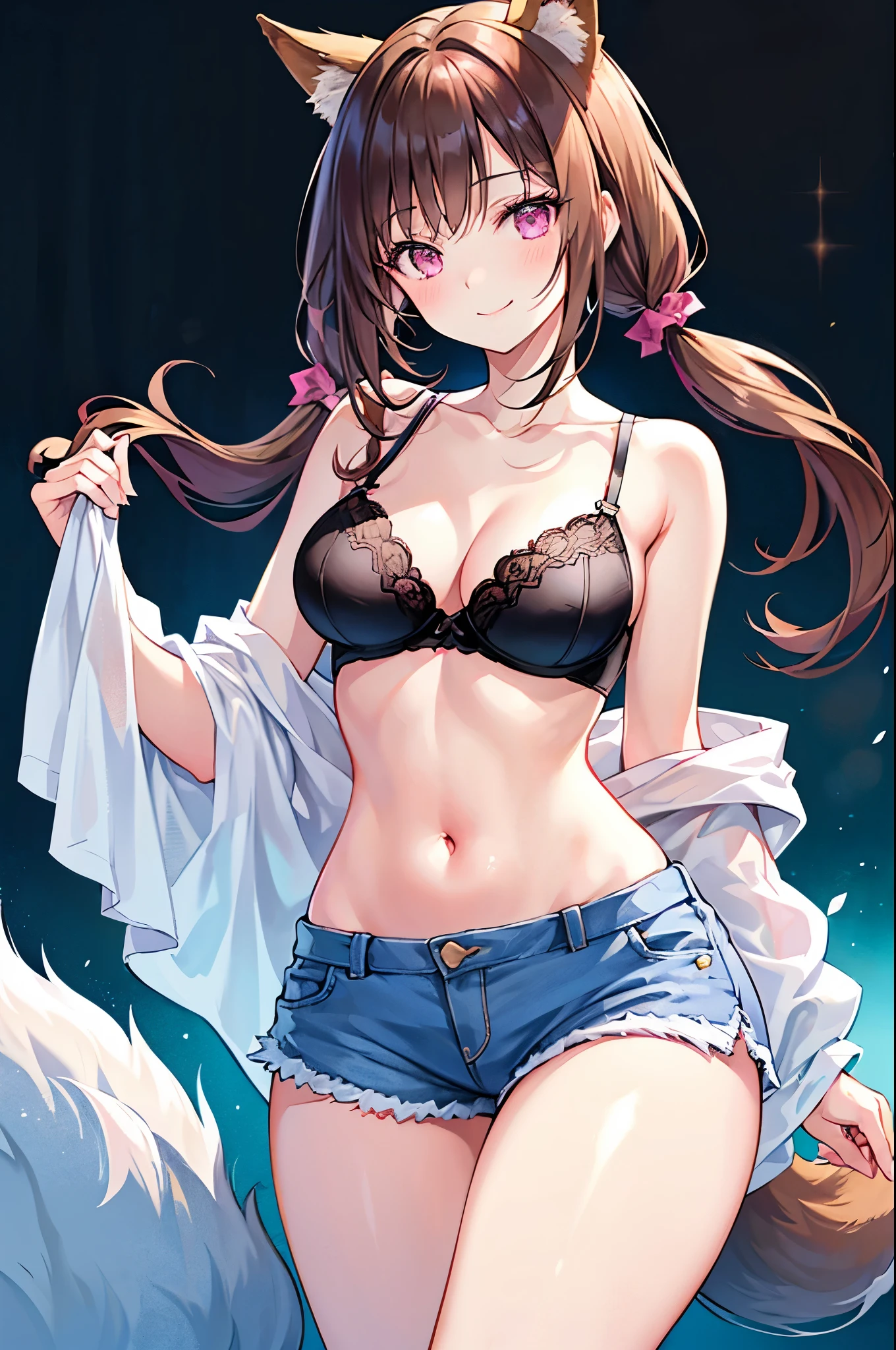 realistic image, coherent image, detailed image, 1 beautiful girl. She has brown hair, with two pigtails and a fox mask in her hair. Pink eyes, long eyelashes. Her face is oval and delicate. Smiling. She is wearing a lace bra, jean shorts. She has a curvy body, medium breasts, thin waist, thick thighs. she pose sexy. White background. uniform background. natural lighting in front, volumetric lighting