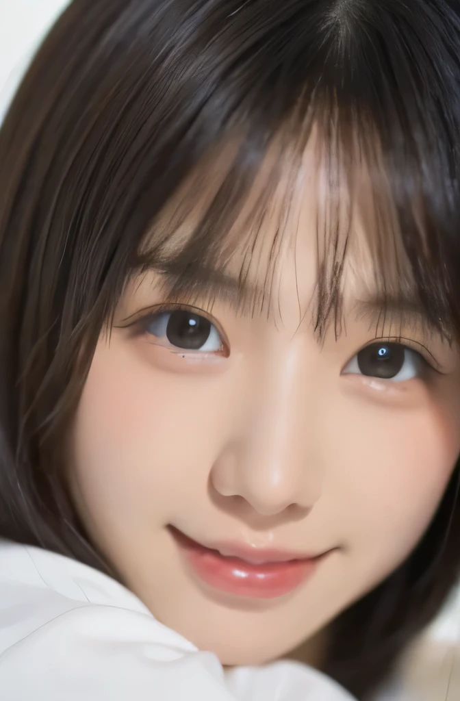 table top, highest quality, 8k, 15 year old student, Japanese、teen, RAW photo, award winning portrait, laughter, alone, night, idol face, viola lace, gardenia, delicate girl, Upper body, Digital single-lens reflex camera, looking at the viewer, Frank, Sophisticated, Zora々right, thin arms, professional lighting, film grain, chromatic aberration, (Eye and face details:1.0),　black haired、drooling eyes、Japanese high school girl、cute face:1.2,