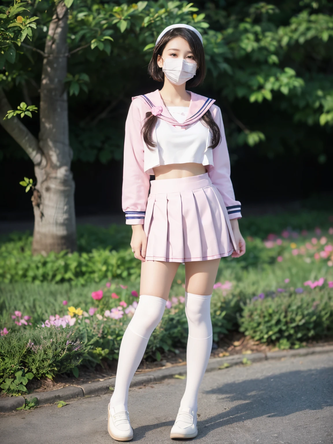 ((((highest quality))))、(((Ultra-precision CG16K wallpaper)))、(((masterpiece)))、(((Super detailed)))、(((super extreme details)))、1people's women、 female、18 year old female、((Japanese face))、((very beautiful face))、((Zuo々Ki Nozomi:1.5))、((short bob hair:1.3))、(shiny hair)、bangs up to eyebrows、beautiful brown hair、beautiful delicate eyes、brown eyes、raised eyebrows、high nose、small nostrils、small mouth、seductive lipouth slightly open、beautiful breasts、C cup size breasts、cleavage、plump body、perfect proportions、perfect anatomy、perfect composition、beautiful detailed shading、beautiful natural lighting、beautiful detail glow、Depth of the bounds written、soft focus、(((High chroma)))、(((real:1.9)))、((vivid:1.4))、((beautiful skin))、((skin texture))、((realな皮膚感))、(((full body shot:1.5)))、((Angle seen from the front:1.5))、((Wearing a mask:1.6))、(Eyes looking at me:1.5)、bright sunshine、(((flower garden:1.3)))、(standing pose:1.5)、(((high school girl uniform、Wearing pink sailor suit、pleated miniskirt clothing:1.6)))、(((white knee socks、black loafers clothes:1.6)))、