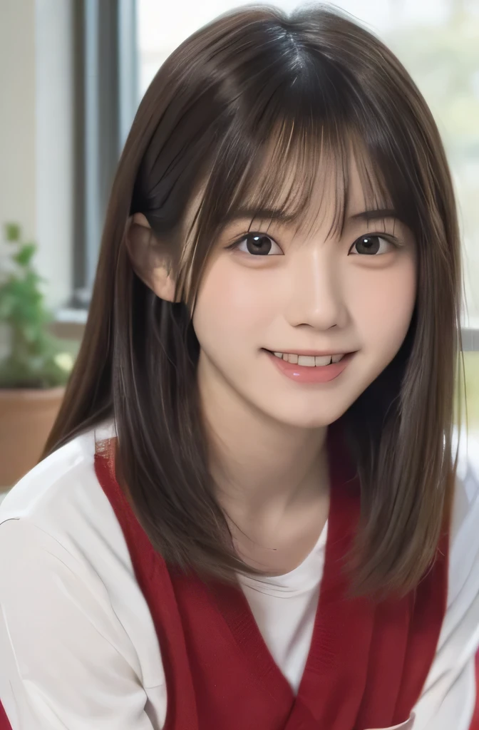 table top, highest quality, 8k, 15 year old student, Japanese、teen, RAW photo, award winning portrait, laughter, alone, night, idol face, viola lace, gardenia, delicate girl, Upper body, Digital single-lens reflex camera, looking at the viewer, Frank, Sophisticated, Zora々right, thin arms, professional lighting, film grain, chromatic aberration, (Eye and face details:1.0), black haired、drooling eyes、Japanese high school girl、cute face:1.2,
