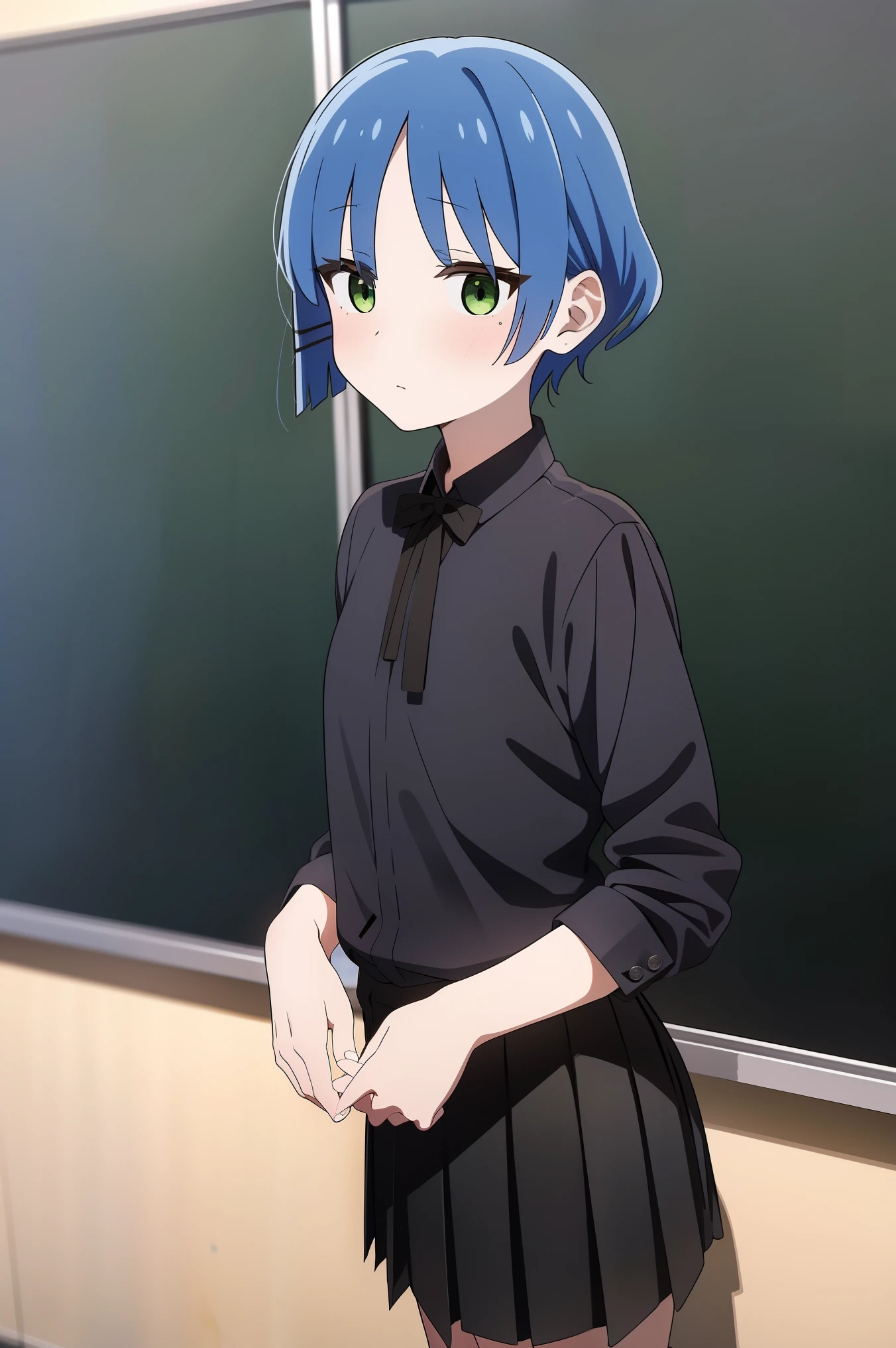 masterpiece, actual, two-dimensional, Ryo Yamada, blue hair, medium hair,green eyes, hairpin, wear white, black skirt, pleated skirt, black tie, Permanently installed, classroom background, indoor，hand in panties,spread their legs,white panties,